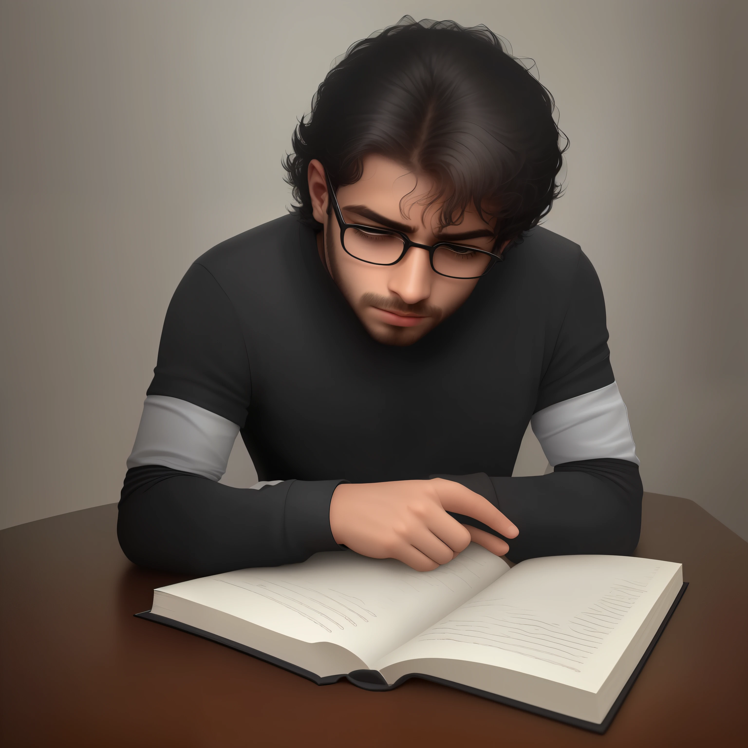 Um garoto triste, escrevendo seu cotidiano em um livro preto, na escrivaninha escura com apenas uma luz na mesa