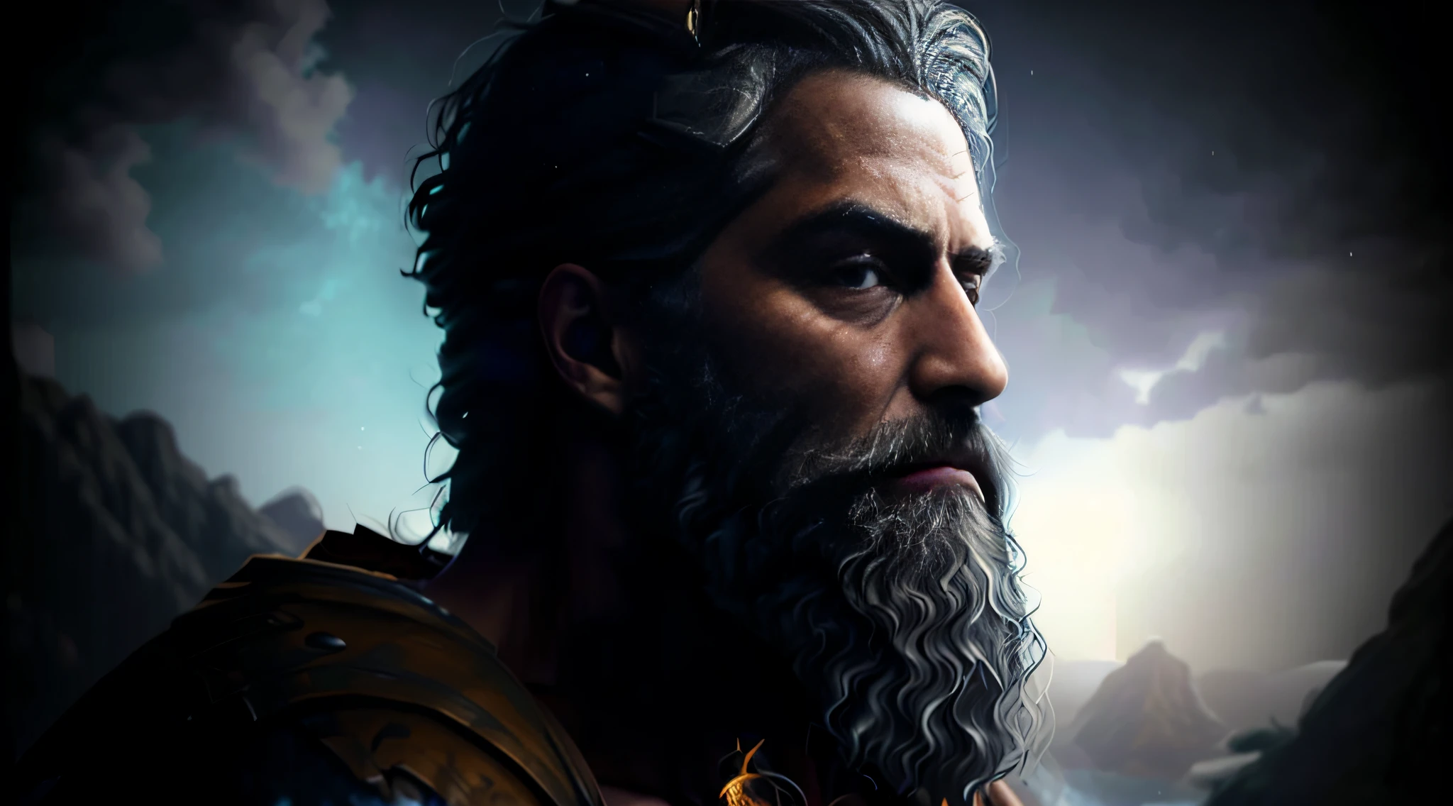 a man with a beard and a beard in a scene, petros afshar speedart, painted portrait of rugged zeus, portrait zeus, cinematic full character, unreal engine character art, portrait of rugged zeus, with leonidas beard, cinematic realistic portrait, epic scene of zeus, epic digital art illustration, artgerm ; 3d unreal engine, epic portrait illustration