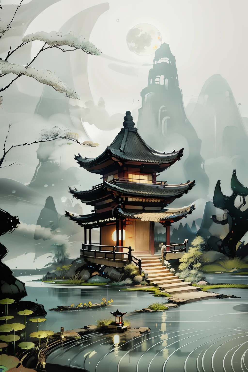 masterpiece,best quality,Chinese martial arts style,an asian night scene with lanterns and water lilies,asian pond with many lanterns and boatsa night scene with many lights and boats in the water, Lake surface, lotus flowers,beautiful night scene,(((Chinese martial arts style))), with vast sky, continuous mountains and steep cliffs, ink wash style, outline light, atmospheric atmosphere, depth of field, mist rising, bamboo, pine trees, octagonal stone pavilion, waterfall flowing water,big full moon,(No color) , Monochrome, light color,