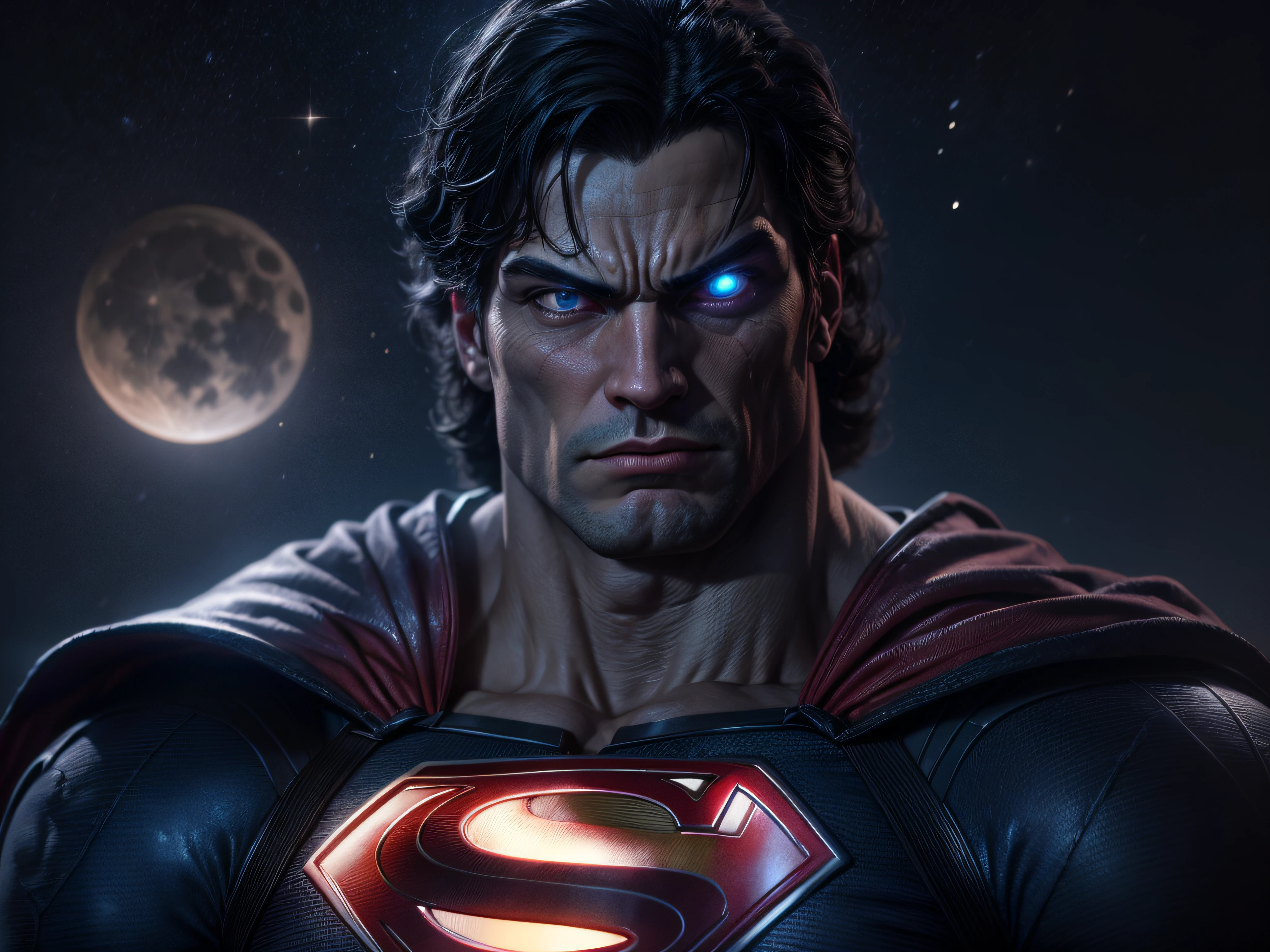 Close a powerful threat, Superman's imposing appearance, menacing stare, ricamente detalhado, Hiper realista, 3D-rendering, obra-prima, NVIDIA, RTX, ray-traced, Bokeh, Night sky with a huge and beautiful full moon, estrelas brilhando,