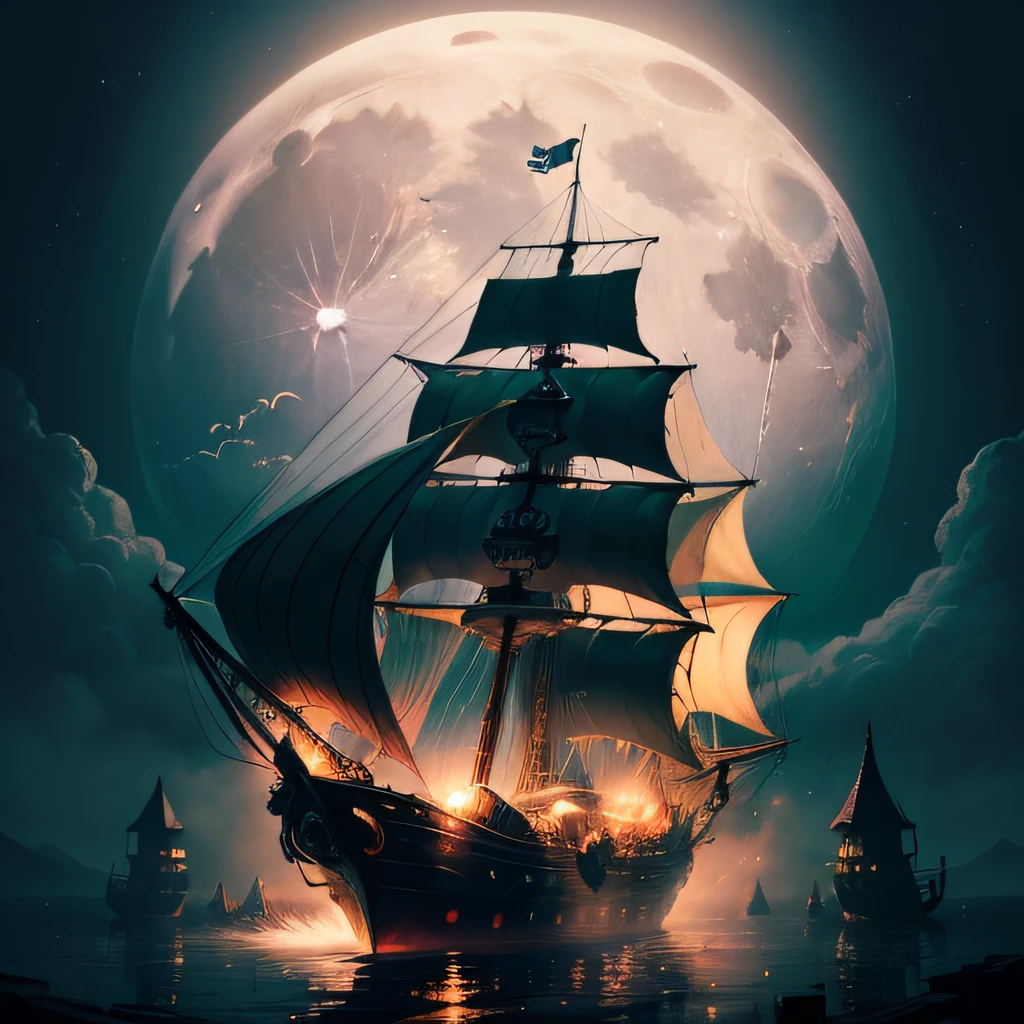 Create a ghostly-looking pirate ship on a full moon night
