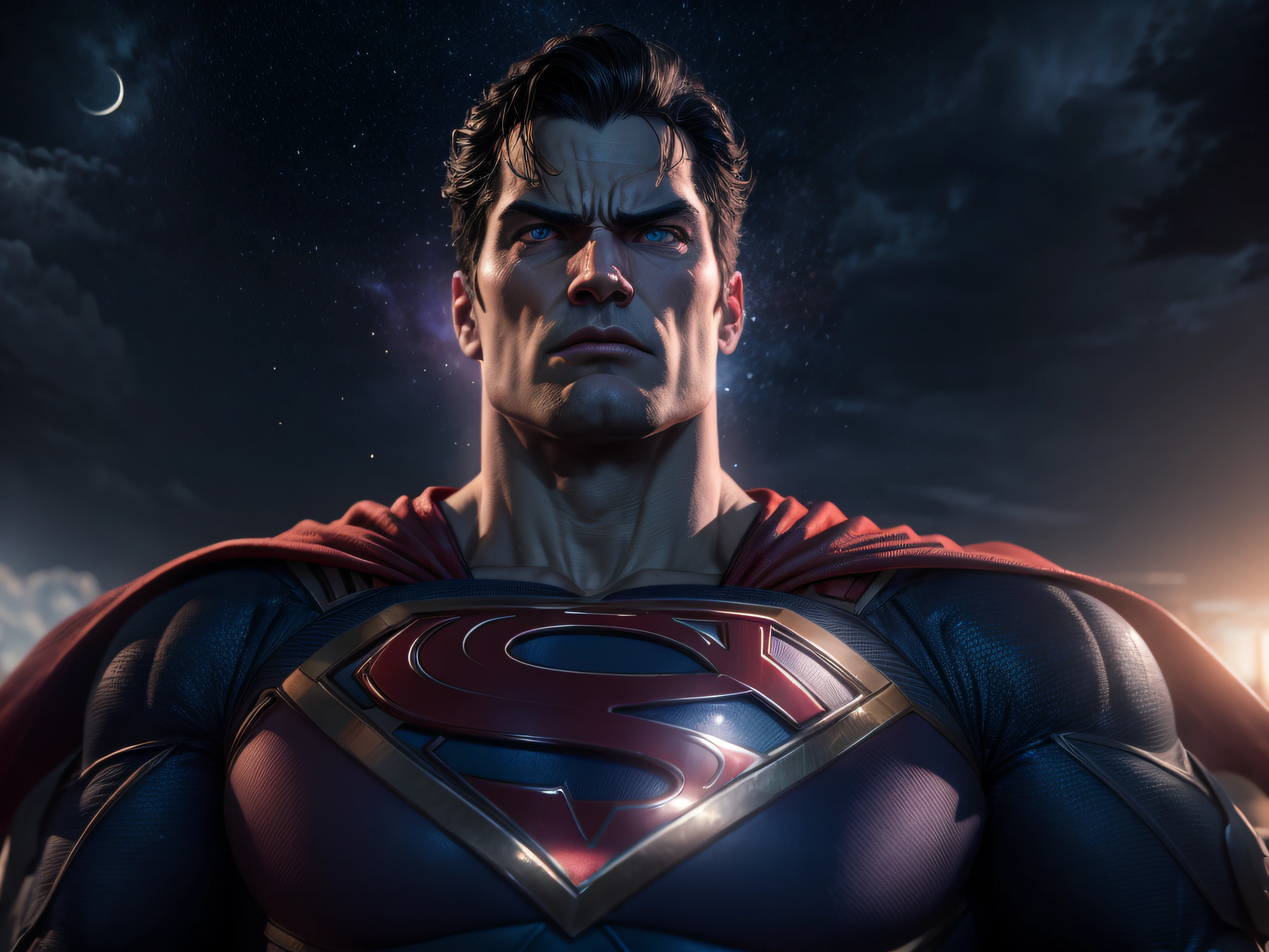 Close a powerful threat, Superman's imposing appearance, menacing stare, ricamente detalhado, Hiper realista, 3D-rendering, obra-prima, NVIDIA, RTX, ray-traced, Bokeh, Night sky with a huge and beautiful full moon, estrelas brilhando,