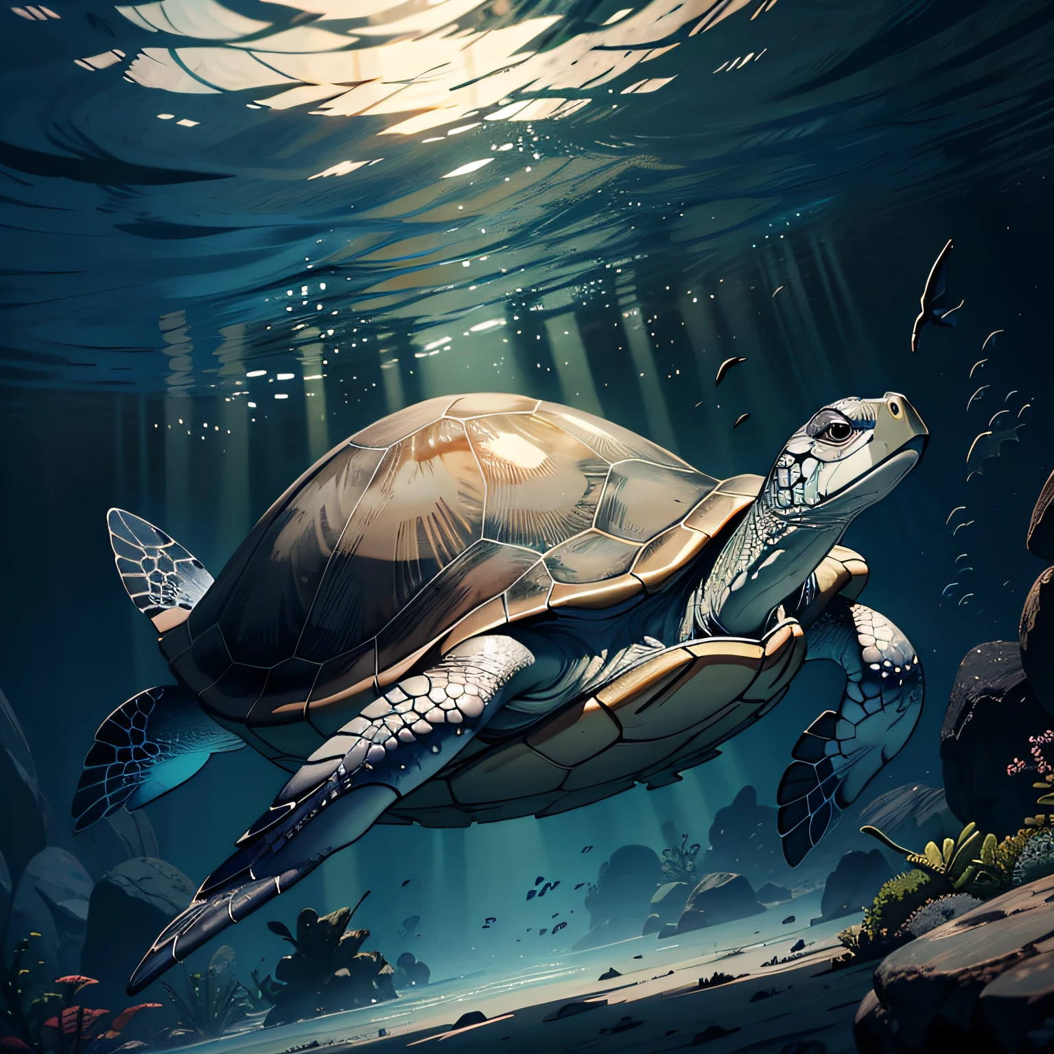 A turtle，Turtle，light gray，Under water，Ultra HD masterpiece，imagem de qualidade alta