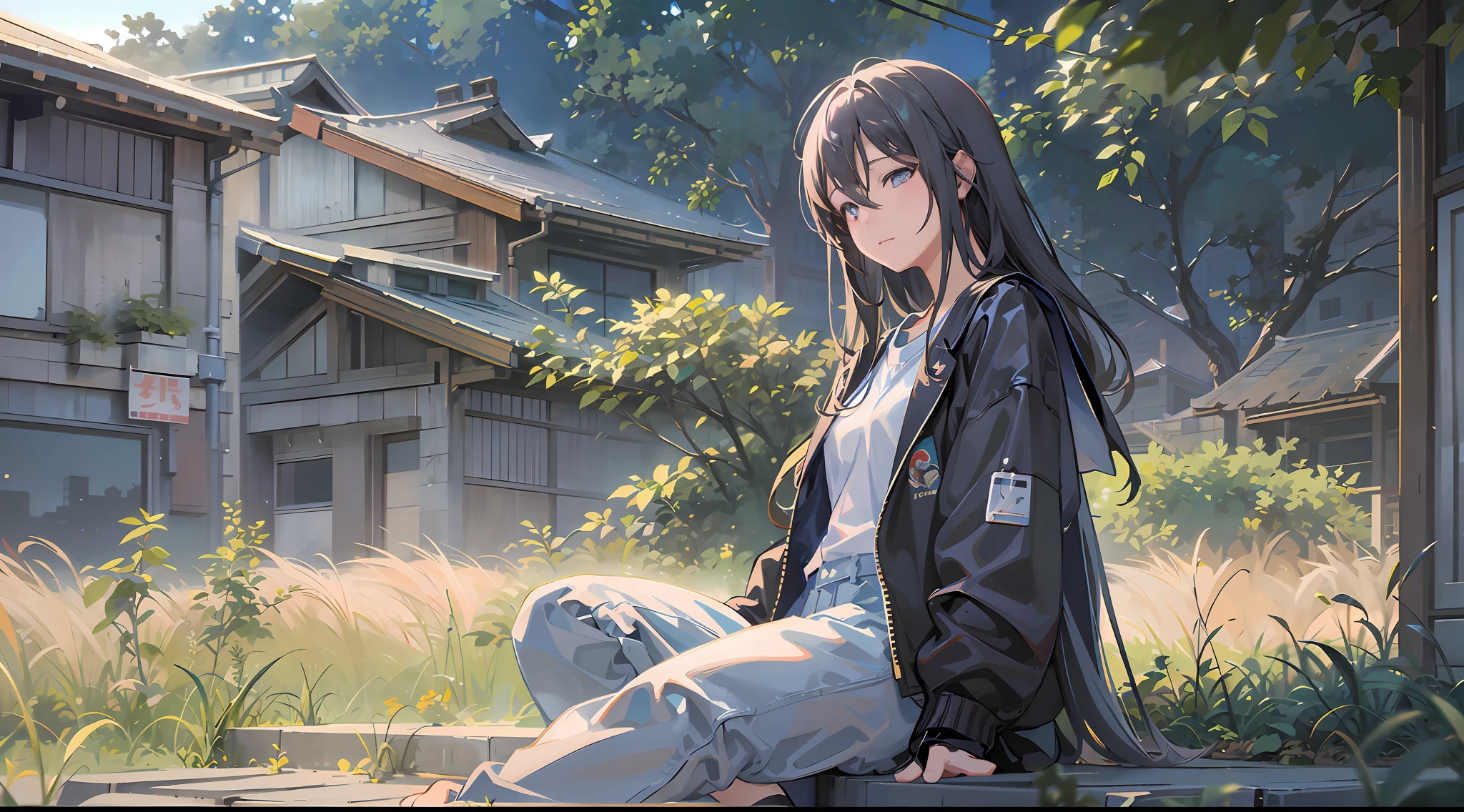 Anime girl sitting on a ledge in front of a building, anime style 4 k, artwork in the style of guweiz, Smooth Anime CG Art, 4k anime wallpaper, Anime art wallpaper 8k, Anime style. 8K, anime art wallpaper 4k, anime art wallpaper 4k, High quality anime art style, anime wallpaper 4k, anime wallpaper 4 k