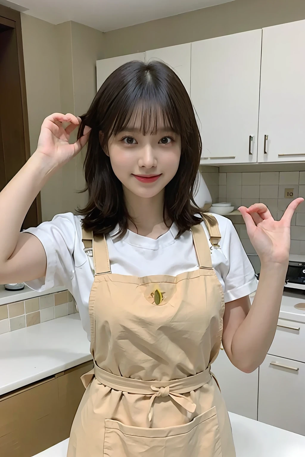 a woman is cooking、(kitchin_Apron:1.Wear 3)、Good Hand、4K、hight resolution、​masterpiece、top-quality、Cap:1.3、((Hasselblad photo))、Fine skin、foco nítido、(lighting like a movie)、Soft lighting、dynamic ungle、[:(详细的脸:1.2):0.2]、Medium chest、sweats streamed skin:1.2、(((In the kitchen))) A smile　Beautiful profile　Colossal tits　Beautiful body　Tying hair　Wide background々and a luxurious living room　Luxurious and luxurious living　Luxurious living room　Beautiful living room　Beautiful living room　A smile　an orange　lemons　A smile　Laughing　banana in　pineapple　Luxurious room　beautiful  lighting　Beautiful lighting　Very large room　very high image quality　very high res　8k Photos　Viewer's Perspective　Very gorgeous kitchen　Luxury Kitchen　　Millionaire Kitchen　Great kitchen　Luxury Kitchen　Luxury Illuminator　very wide々and kitchen　neat and beautiful　Classy and cute　Change your hairstyle
