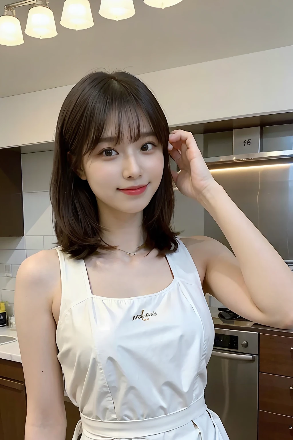 a woman is cooking、(kitchin_Apron:1.Wear 3)、Good Hand、4K、hight resolution、​masterpiece、top-quality、Cap:1.3、((Hasselblad photo))、Fine skin、foco nítido、(lighting like a movie)、Soft lighting、dynamic ungle、[:(详细的脸:1.2):0.2]、Medium chest、sweats streamed skin:1.2、(((In the kitchen))) A smile　Beautiful profile　Colossal tits　Beautiful body　Tying hair　Wide background々and a luxurious living room　Luxurious and luxurious living　Luxurious living room　Beautiful living room　Beautiful living room　A smile　an orange　lemons　A smile　Laughing　banana in　pineapple　Luxurious room　beautiful  lighting　Beautiful lighting　Very large room　very high image quality　very high res　8k Photos　Viewer's Perspective　Very gorgeous kitchen　Luxury Kitchen　　Millionaire Kitchen　Great kitchen　Luxury Kitchen　Luxury Illuminator　very wide々and kitchen　neat and beautiful　Classy and cute　Change your hairstyle