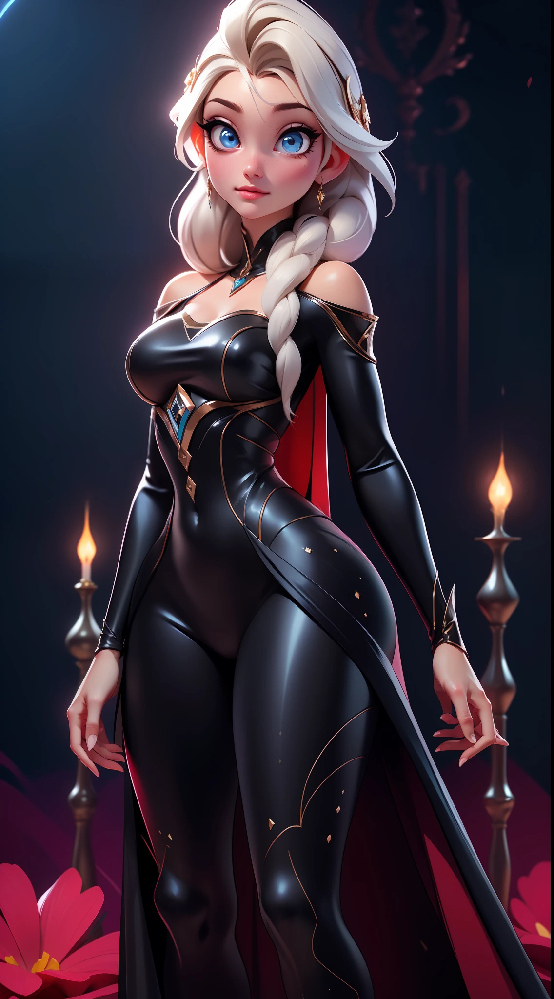 Elsa-Yor Briar Fusion, Mesclando modelos, melting, Roupas da Yor Briar, Bodysuit latex preto + vermelho, Cabelos brancos + vermelhos, 1girl, Beautiful, Character, Woman, Female, (master part:1.2), (melhor qualidade:1.2), (Solo:1.2), ((pose de luta)), ((campo de batalha)), cinemactic, olhos perfeitos, pele perfeita, perfect lighting, sorrir, luz, cor, pele texturizada, detalhe, Beleza, maravilha, ultra-detalhado, rosto perfeito