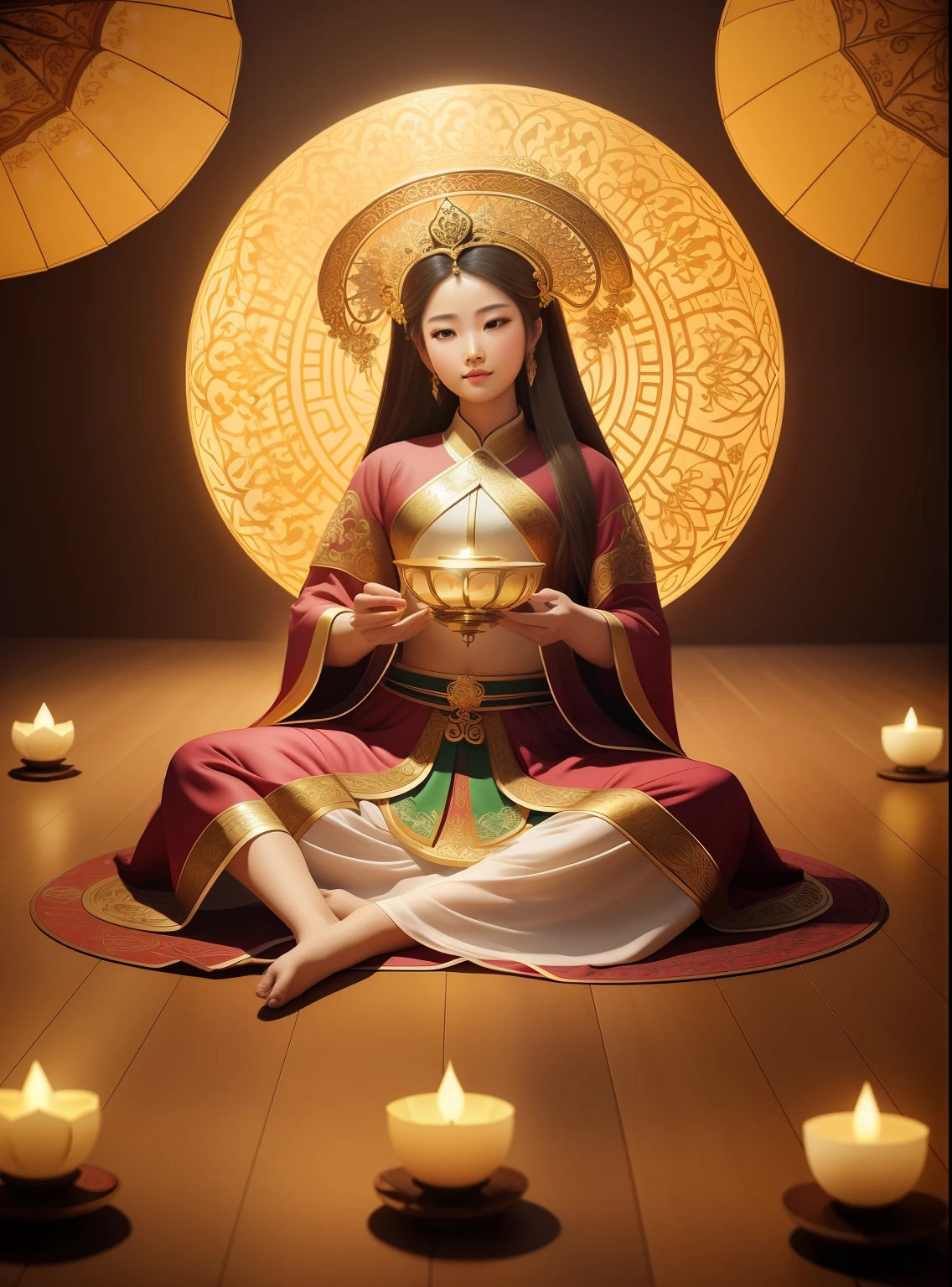 Goddess of beauty with green skin,sitting on a lotus flower,holding lotus flowers, ((Pink lotus)),Wear a light brown dress,The skin is delicate and white,crown,Yingluo,The head has a round light,Anatomically correct UHD curation,超高分辨率, best qualtiy, photore, 8K, (realisticlying: 1.2),A golden glow overhead(The halo:1.2),golden headdress,Brighter,tmasterpiece,best qualtiy,Complicated details,Light environment and crystals in the background,crystal,Portal of the future,3D light,k hd,magia,God of Light,The light from the back window is backlighted,详细的脸,depth of fields,Gentle lighting,Tone-mapping,highly detailed,concept-art,Smoothness,Clear focus,Dramatic lighting,highly detailed art,cinematic ligh,8K,amazing shadows(highly detailed back ground:1.2)an ancient Chinese goddess, Sit gracefully on a lotus, gilded lotus princess, Pink Lotus Queen, Realiy, sitting on a lotus flower, Lotus,3Drenderingof。