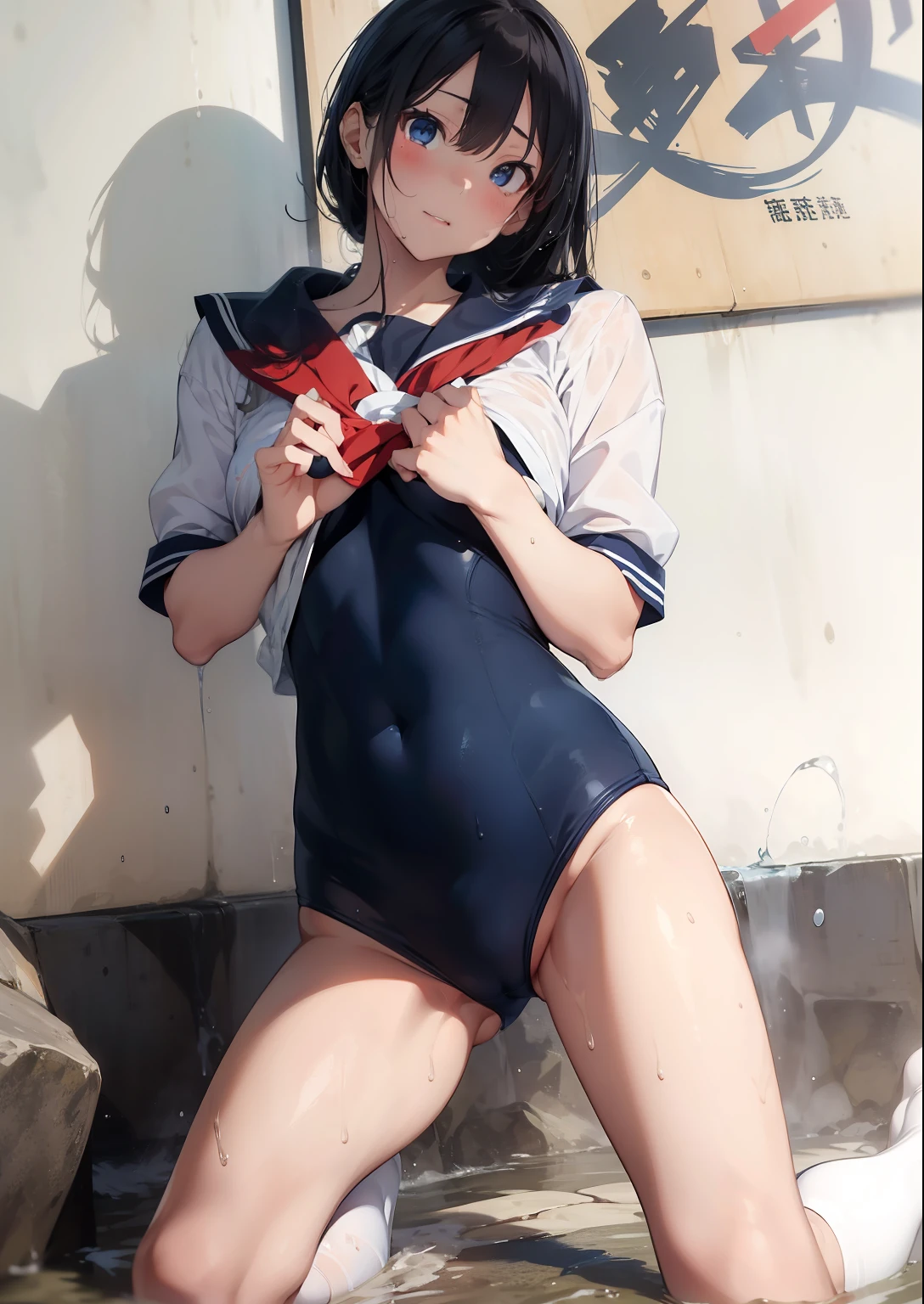 ((top-quality))、((masterpiece))、girl with、Formal-up、a blond、Blue eyes、gals、beautiful detailed eyes and face、pretty skin、Realistic、a very cute、18year old、School swim wear(Dark blue color、Simple design、Matte texture、Wrinkle、Wet、Polyester material、shadings、)Wet body、Anime Face、Beautie、Facing the front、big eye(Beautiful fece、Anime Face、Clear eyes、Fine details、beautidful eyes)Well-formed face(Beautiful nasal muscles、Perplexed、sharp mouth)full of sweat、sodden、Wet feeling、Background with(sunny sky、takeout)、8K picture quality、perfectly proportions、A slender、red blush、female focus on, hair adornments,length hair, Look at viewers,pissing、お漏らし、pee、getting wet