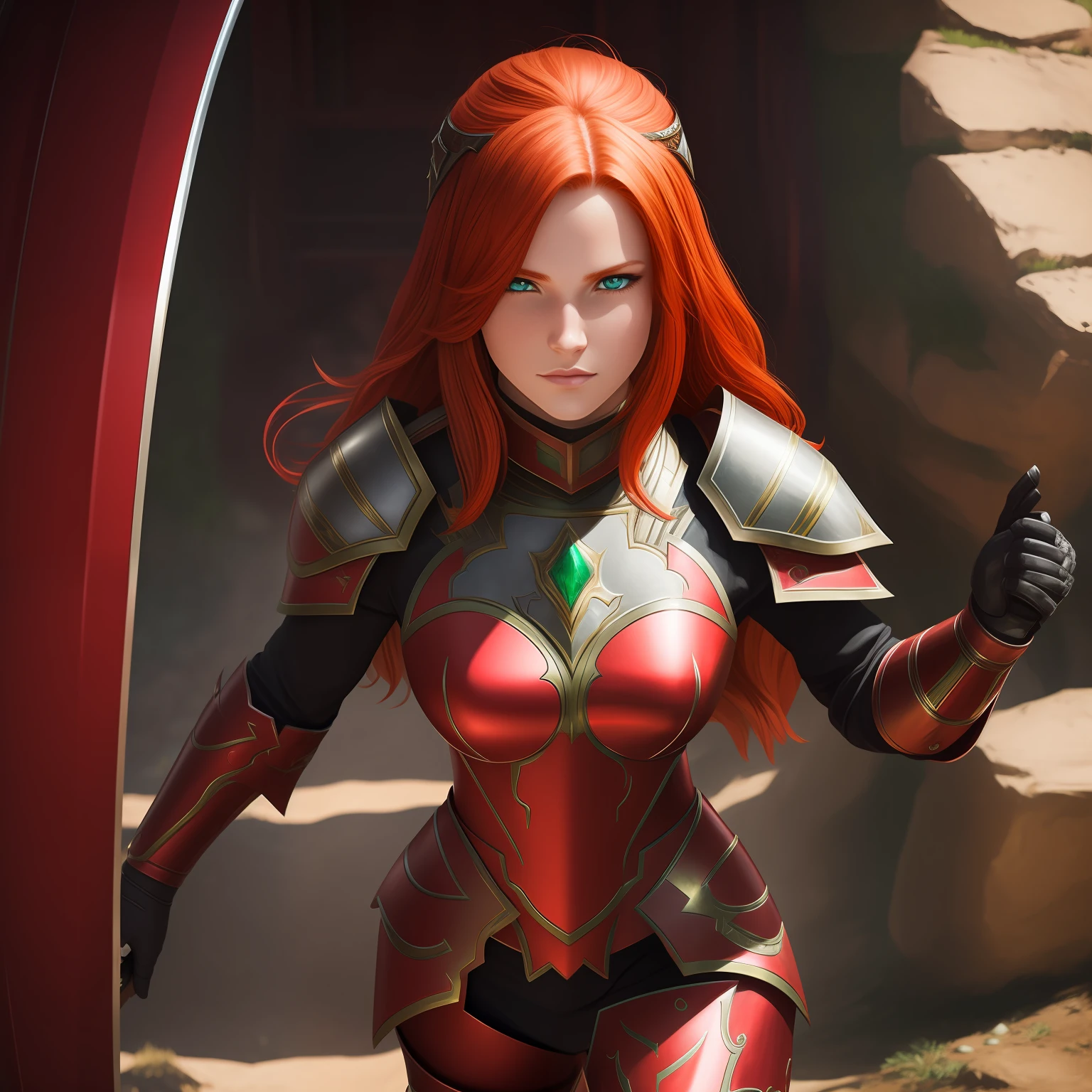 "female character, full Crimson plate armor, wavey ginger hair, emerald eyes"