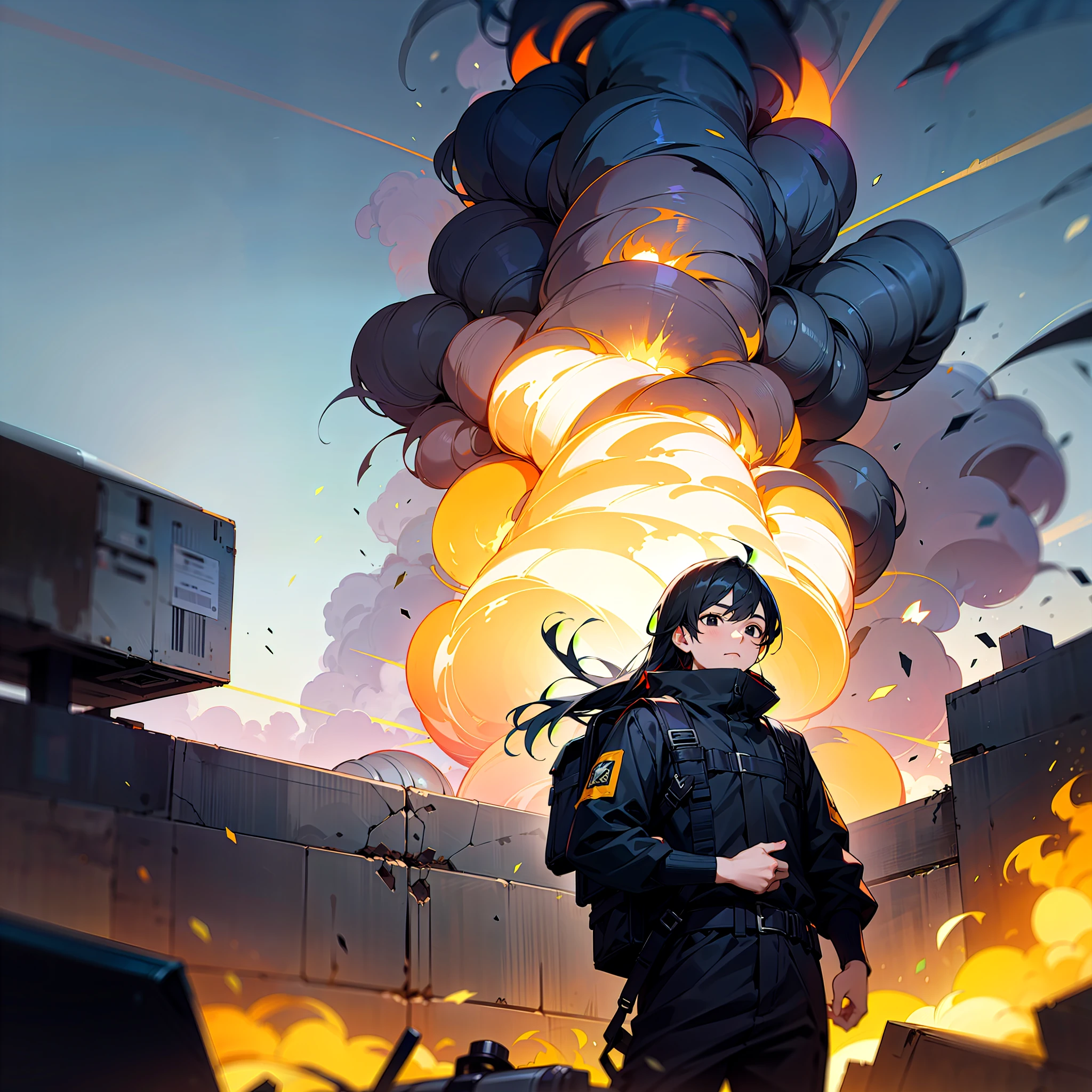 Young man, , black eyes, long hair, mullet, black hair, black techwear, protective clothing, cool, explosions in background, backpack