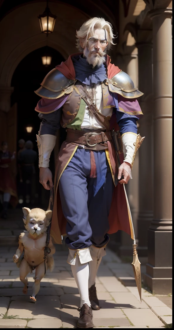 "Desenho, desenho animado, Draw a man fully dressed in Renaissance fashion, with a colorful tunic open over a colorful gibbon at the top and colorful socks of different characteristics for each leg, revestidas de botas de couro, Their physical appearance is also distinct, as pernas, finas na base, they become full-bodied as they approach the waist and abdomen, where a pit of thinness can be perceived until it reaches your pectoral and your tuned shoulders and arms, em sua face acentua-se o excessivamente longo nariz fino e pontiagudo e as sobrancelhas e bigode grossos, His eyes are oriental and whitish like hair, Dom Quixote de La Mancha, Jester, Arlequin, Renaissance, tunica, Renaissance gibbon, meias coloridas, meias sortidas, half pants, bota de couro, cano alto, pernas magras, formarto do corpo triangular, narigudo, Dom Quixote, bobo da corte, coringa, anime, estilo anime, Cervantes"