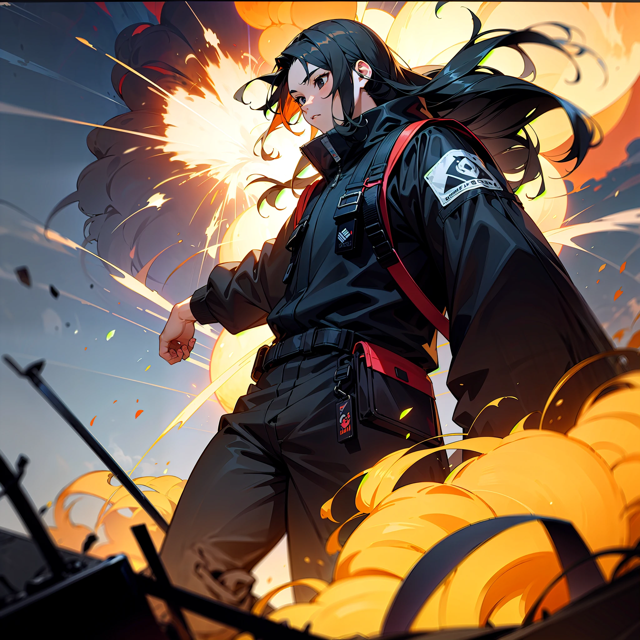 Young man, , black eyes, long hair, mullet, black hair, black techwear, protective clothing, cool, explosions in background, backpack