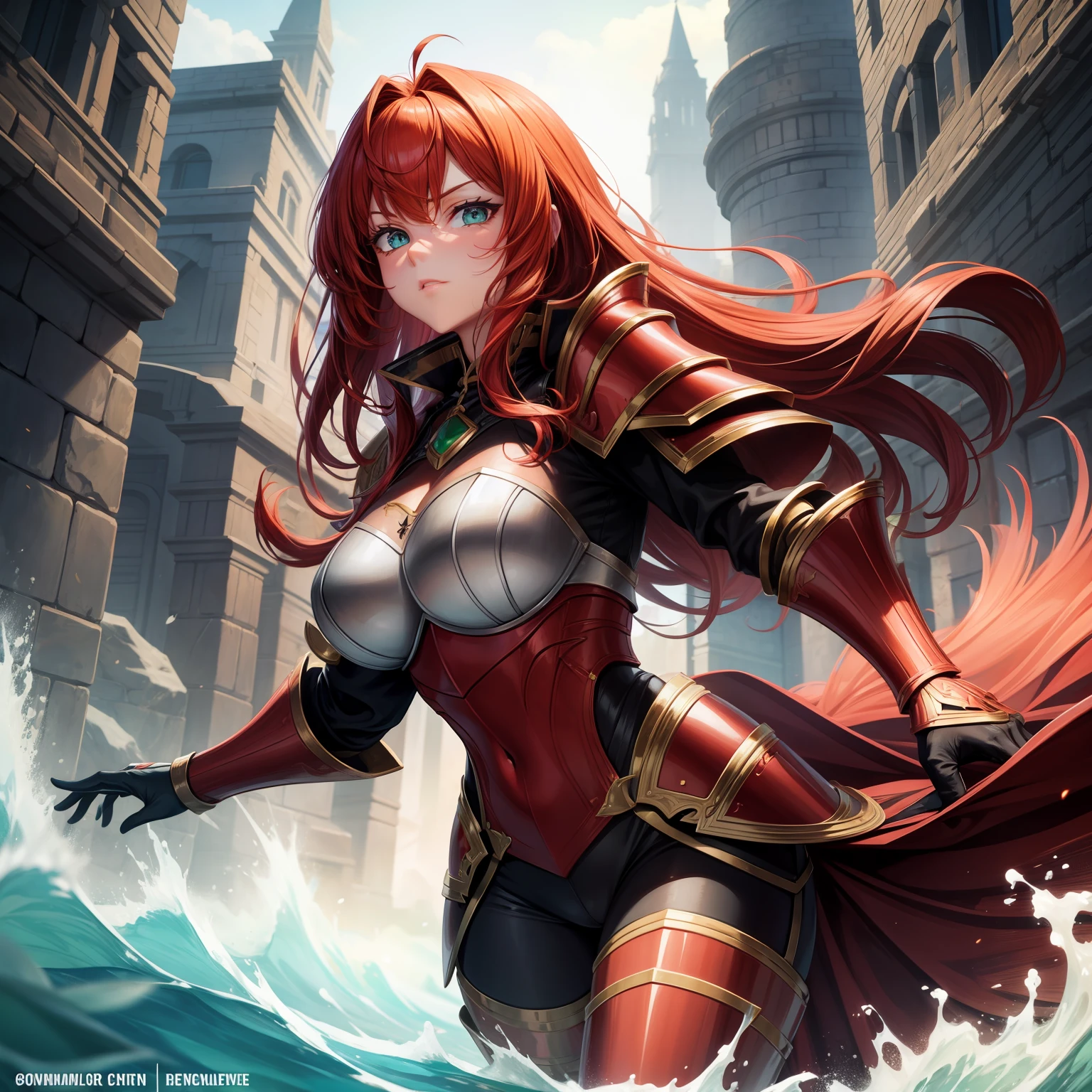 "female character, full Crimson plate armor, wavey ginger hair, emerald eyes"