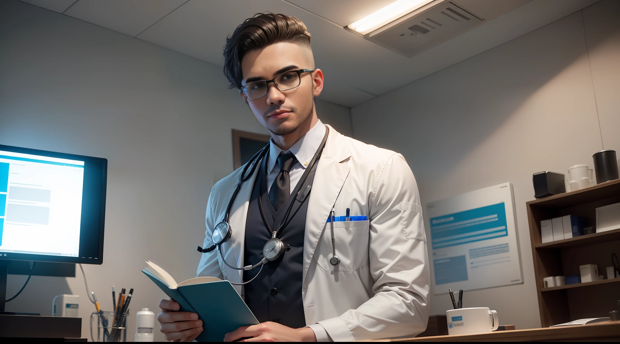 "ultra-detalhado, melhor qualidade, illustration: 26-year-old medical man, Masterpiece haircut style from a kind and knowledgeable doctor, in a sterile and well-lit environment, with glasses and stethoscope, surrounded by various medical equipment, incluindo seringas e ferramentas de exame, Representing a sense of comfort, Security man, e expertise