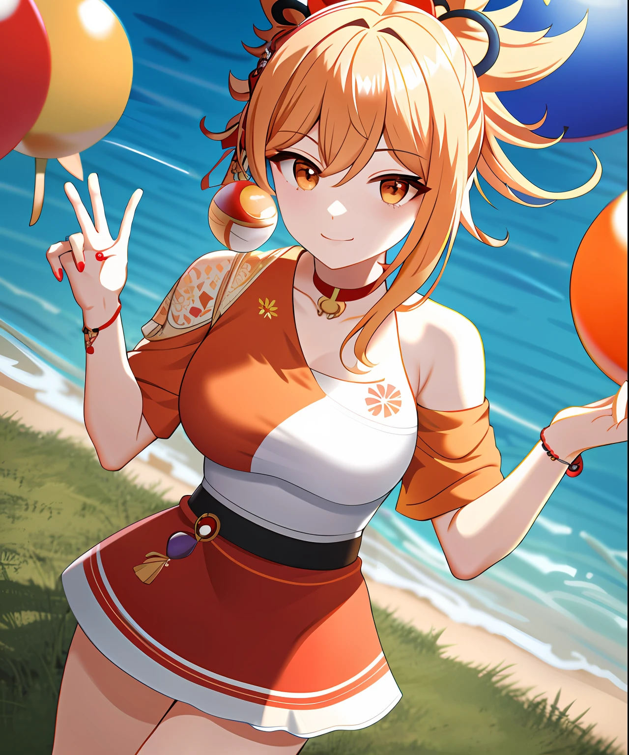 ((tmasterpiece)), (best qualtiy:1.7), (A detailed:1.4), (A high resolution:1.4), 8k, (a color:1.5), 2D, A high resolution, Sharp images, 4K, k hd, yoimiya(genshinimpact), Next round, nail polish, Tattooed with, red necklace, arm support, hair between eye, choker necklace, vision(genshin impact), blond hairbl, 鎖骨, Blushlush, super giant breast, Hand up, upper legs, flower tattoo, Arashi, chest sarashi,orange eyes, Orange nails, 独奏, arm tattoos, Keep one's mouth shut, pony tails, jewely, ssmile, hair adornments, Hadanuji Daosa, 1girll, chest tattoo, full bodyesbian, spheres, suns, (((lake))), ((grassy)), blossoms, shoulder off, standing on your feet,