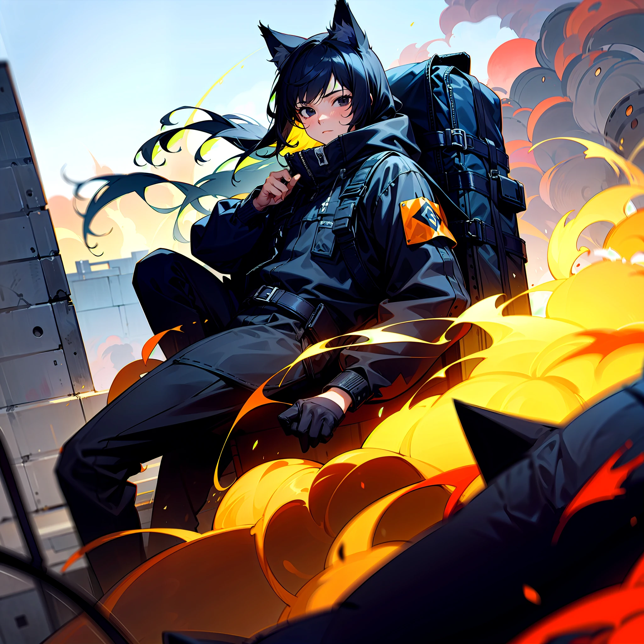 Young man, 16 years old, black eyes, long hair, wolf cut, black hair, black techwear, protective clothing, cool, explosions in background, backpack