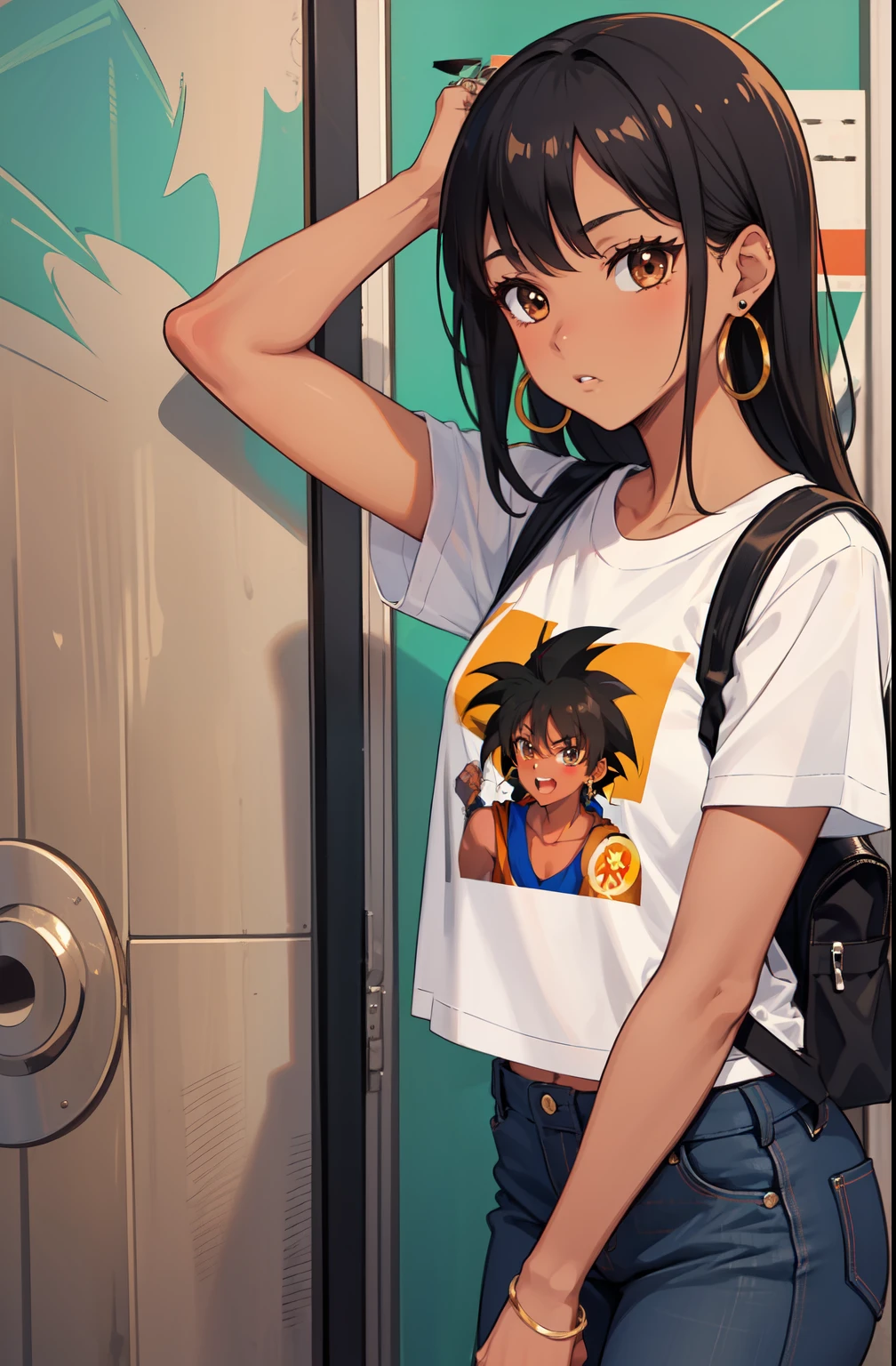 1 girl, brown skin, Latin features, T-shirt with a photo of Goku in the middle, jeans, long black hair, brown eyes, Cuban, Standing in front of a school, black backpack with Cuban flag, black painted nails, small earrings, ring on hands