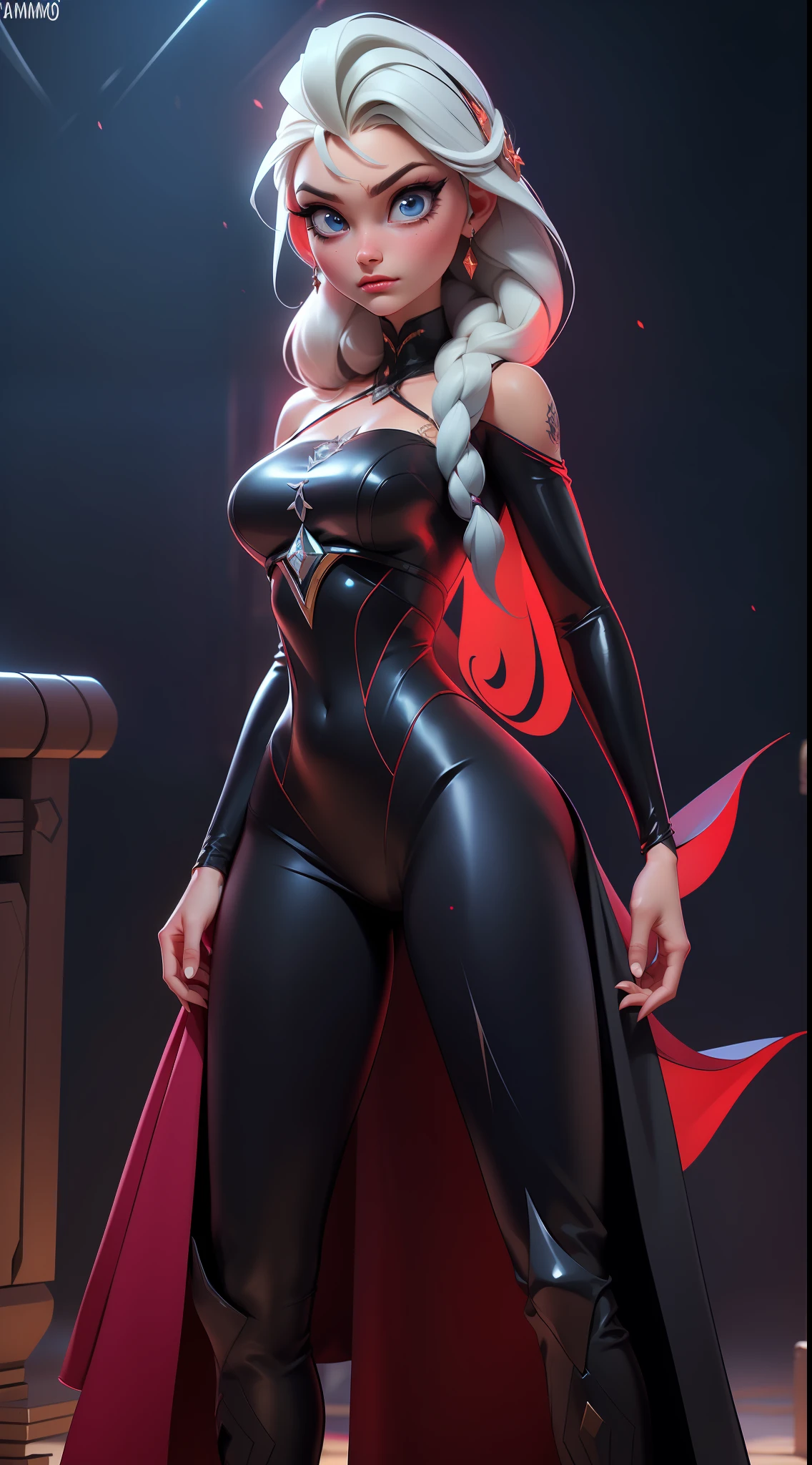Elsa-Yor Briar Fusion, Mesclando modelos, melting, Roupas da Yor Briar, Bodysuit latex preto + vermelho, Cabelos brancos + vermelhos, serious face, Particulas de sangue e gelo, Assassina, 1girl, Beautiful, Character, Woman, Female, (master part:1.2), (melhor qualidade:1.2), (Solo:1.2), ((pose de luta)), ((campo de batalha)), cinemactic, olhos perfeitos, pele perfeita, perfect lighting, sorrir, luz, cor, pele texturizada, detalhe, Beleza, maravilha, ultra-detalhado, rosto perfeito