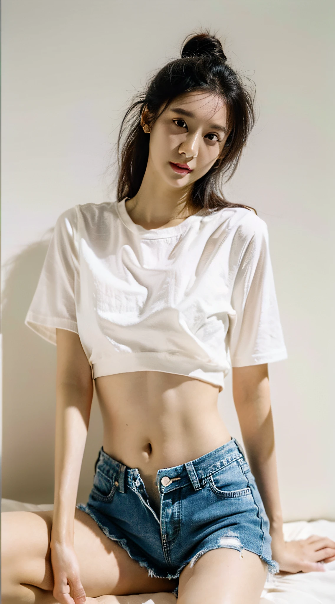 Best Quality, Masterpiece, Ultra High Resolution, (Realistic: 1.4), Original Photo, Official Art, Wallpaper, Bust Photo, Skin, Simple Background, Black Eyes, Details, 1 Girl,,White Shirt,Belly button,Ragged denim shorts,Breeze,Sunlight,Water Mist,Studio light,
