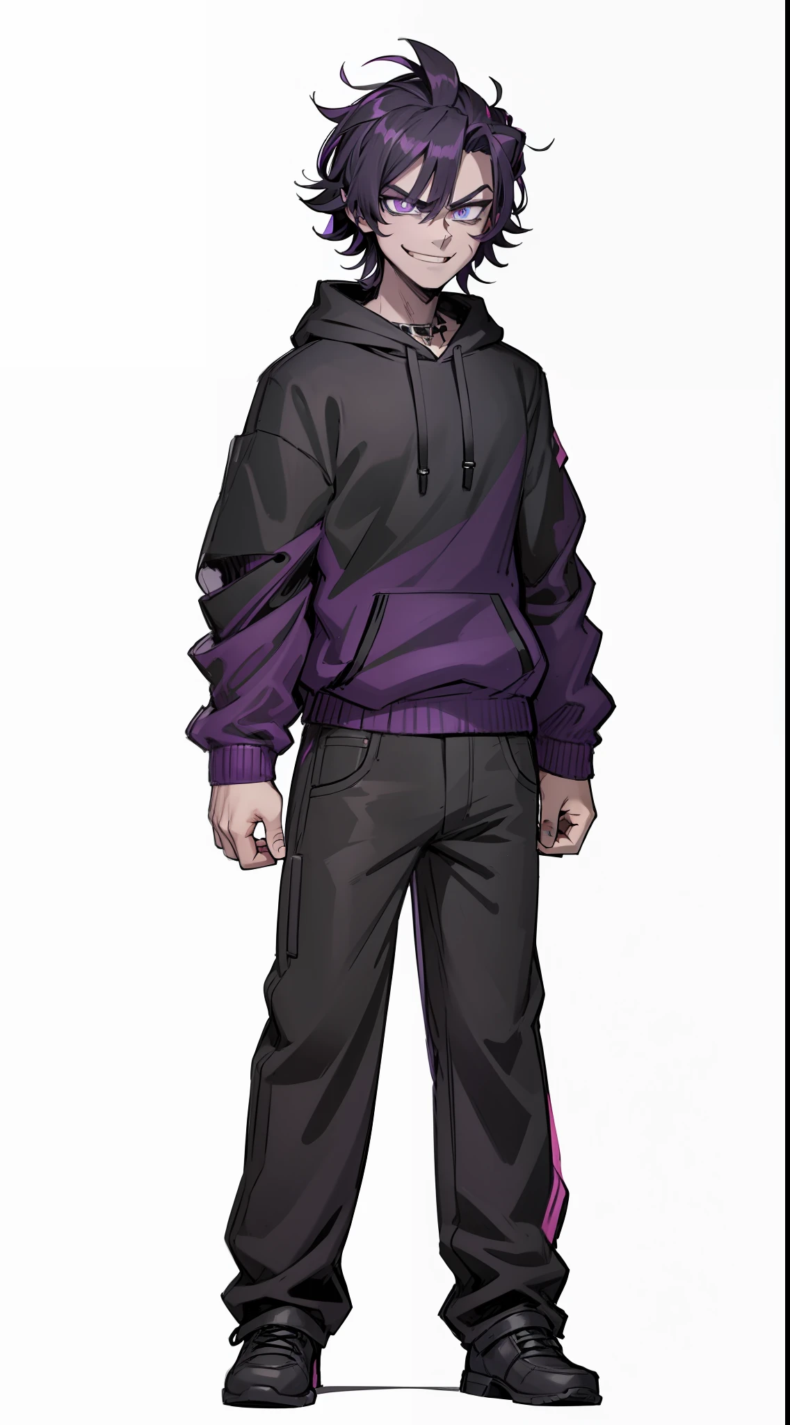 badass, antagonist, multicolored, dark hair, purple hair, pink pupil, 1boy, smug, smile, black purple hoodie, black jean, black shoe