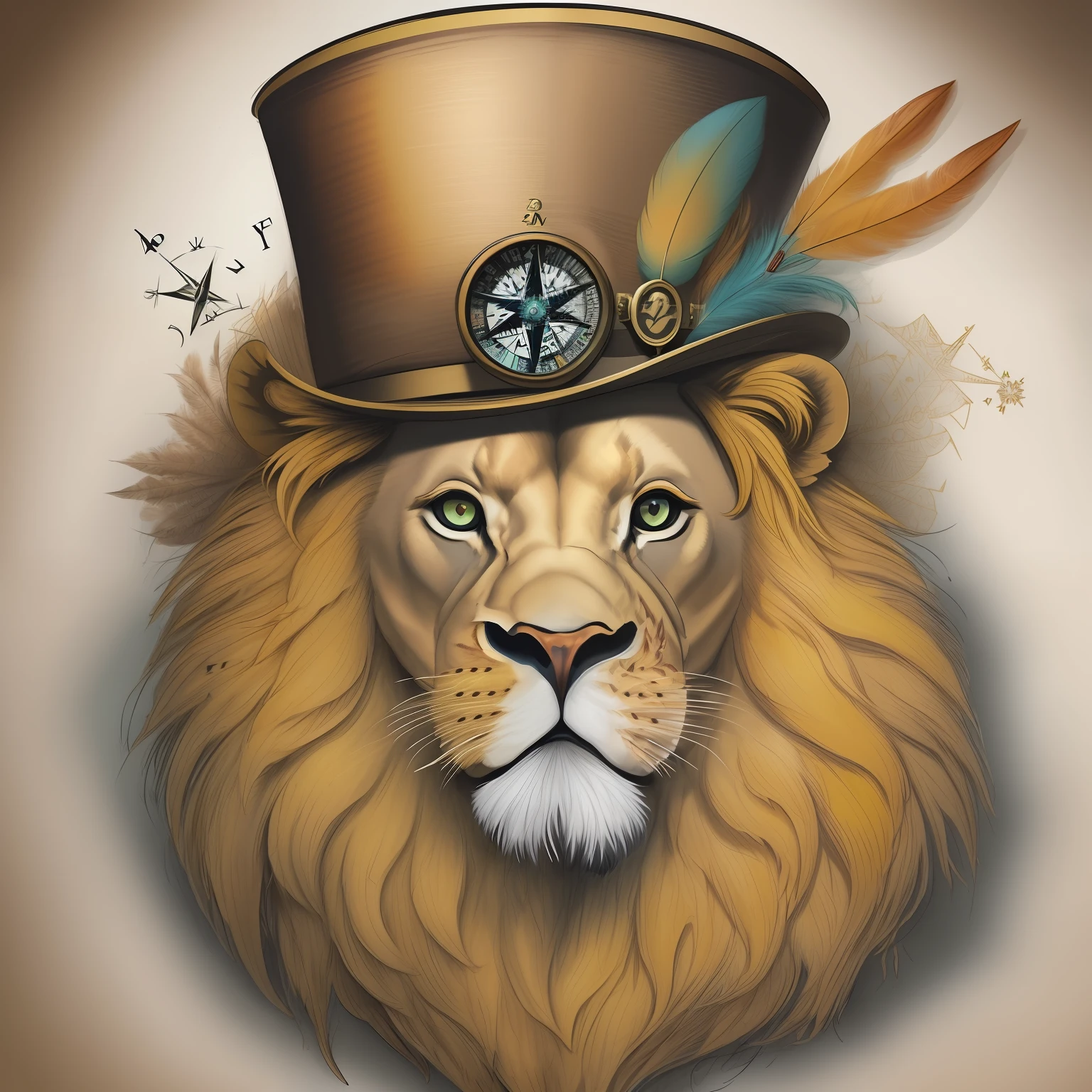 Lion face with top hat with pheasant feathers (A compass that marks the north in the hat), solo la cara, dibujado con tinta colorida, cicatriz en la mejilla, que entre toda la imagen dentro del lienzo, Zodiac signs behind the image, en el fondo