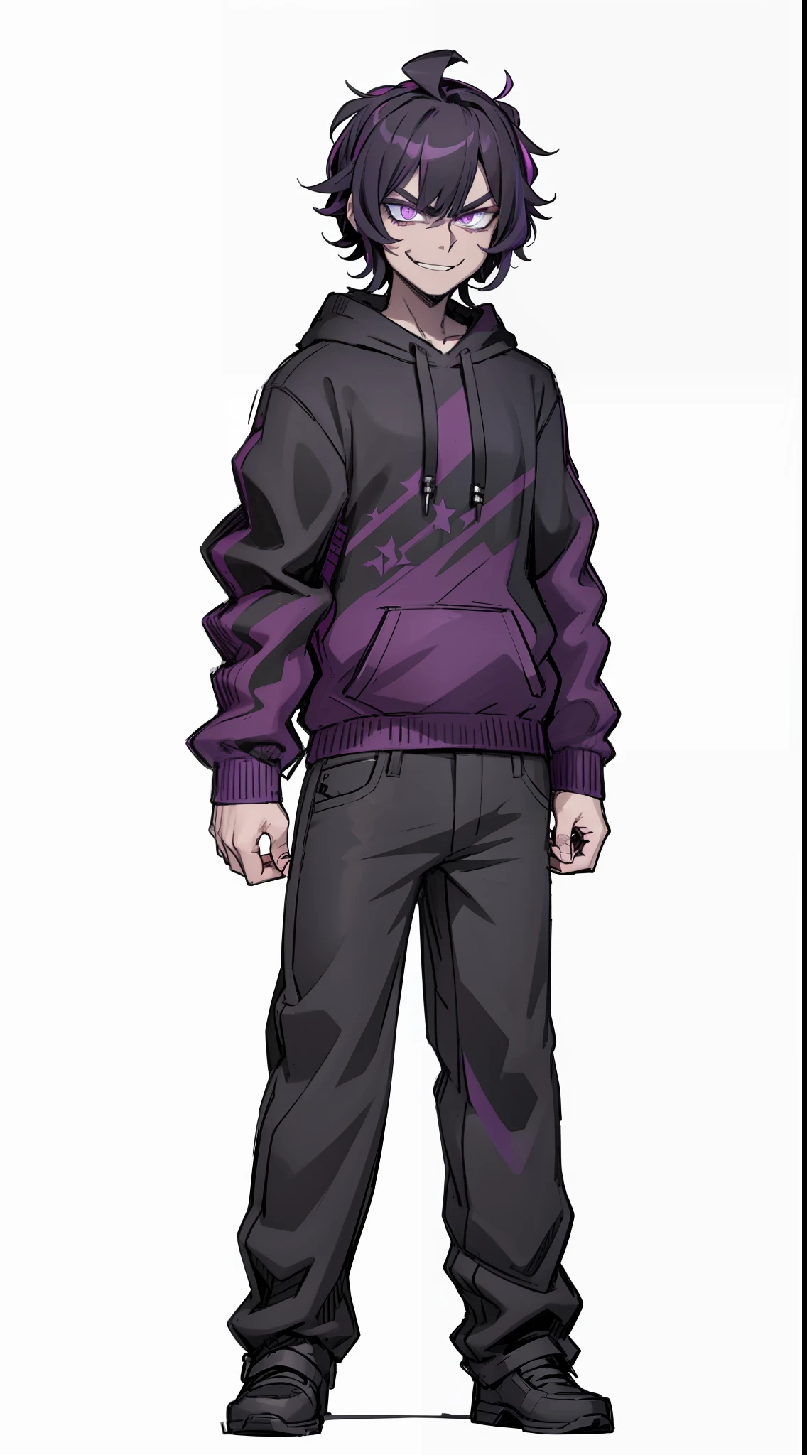 badass, antagonist, multicolored, dark hair, purple hair, pink pupil, 1boy, smug, smile, black purple hoodie, black jean, black shoe