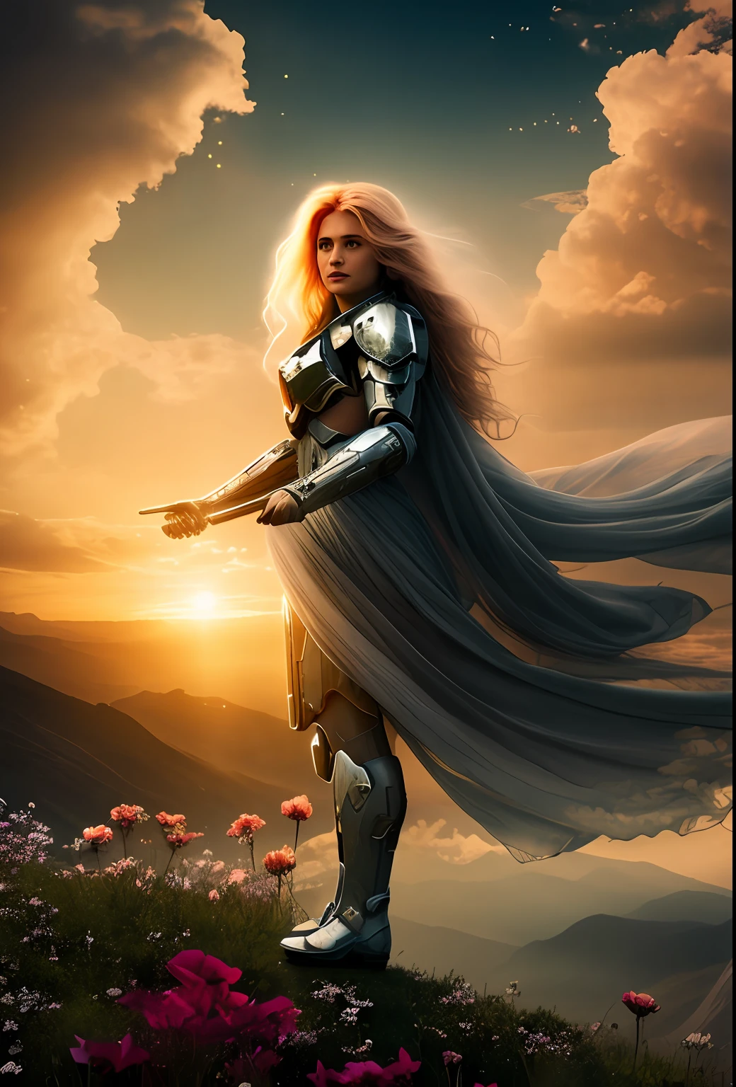 ((melhor qualidade)), ((obra-prima)), ((com tinta)), (sun sunset:1.2), (Dynamic flying action pose:1.3), 1girl, 1 Mulher, 1 Homem, majestic intricately detailed soft oil painting by jim lee, retrato corporal, lowangle, um belo arcanjo feminino de olhos azuis loiros, (longos cachos loiros:1.2), (halo:1.2), soft facial features, (Cara Delevigne:0.8)| (Jennifer Connoly:1.1), (Asas de penas brancas:1.2), (White enamel armor with detailed golden inlay scrolling work), ((seda branca pura)), (halo de ouro brilhante:1.3), in sky, (fundo de nuvens forradas de ouro celestial:1.3), foto profissional de corpo inteiro, dramatic cinematic lighting, soft edge lighting, (bloom:1.2), fotografada em uma Canon EOS R5, lente de 50mm, F/2.8, HDR, profissional,  dramatic cinematic lighting, (raios de deus: 1.3), (retroiluminado: 1.2), hard edge lighting, cores vibrantes quentes, (petals of spinning flowers: 1.3), Cinematic film still from the wrath of the titans|The Lord of the Rings| (dogma:0.8)| (Krull:0.1|O Vazio