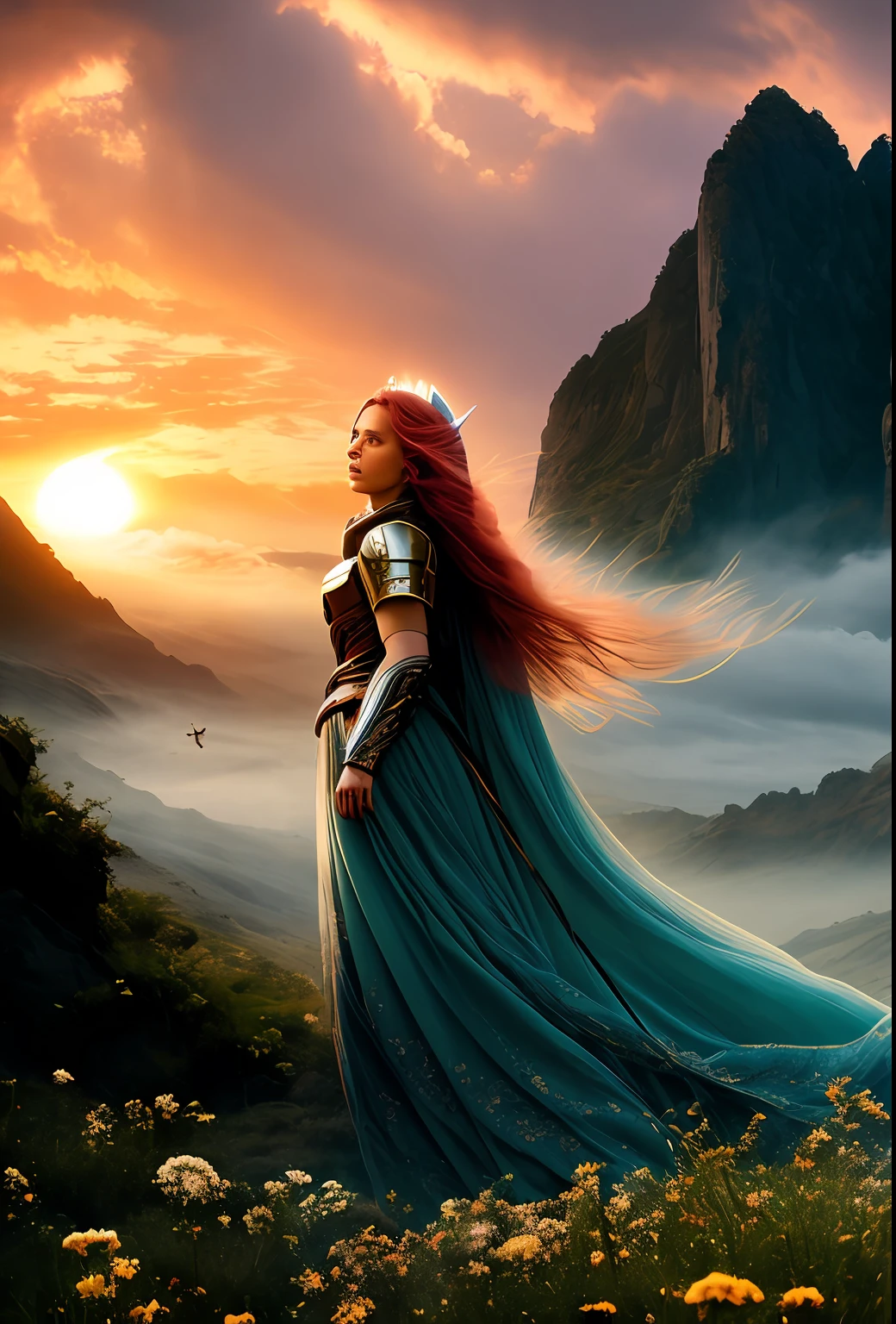 ((melhor qualidade)), ((obra-prima)), ((com tinta)), (sun sunset:1.2), (Dynamic flying action pose:1.3), 1girl, 1 Mulher, 1 Homem, majestic intricately detailed soft oil painting by jim lee, retrato corporal, lowangle, um belo arcanjo feminino de olhos azuis loiros, (longos cachos loiros:1.2), (halo:1.2), soft facial features, (Cara Delevigne:0.8)| (Jennifer Connoly:1.1), (Asas de penas brancas:1.2), (White enamel armor with detailed golden inlay scrolling work), ((seda branca pura)), (halo de ouro brilhante:1.3), in sky, (fundo de nuvens forradas de ouro celestial:1.3), foto profissional de corpo inteiro, dramatic cinematic lighting, soft edge lighting, (bloom:1.2), fotografada em uma Canon EOS R5, lente de 50mm, F/2.8, HDR, profissional,  dramatic cinematic lighting, (raios de deus: 1.3), (retroiluminado: 1.2), hard edge lighting, cores vibrantes quentes, (petals of spinning flowers: 1.3), Cinematic film still from the wrath of the titans|The Lord of the Rings| (dogma:0.8)| (Krull:0.1|O Vazio