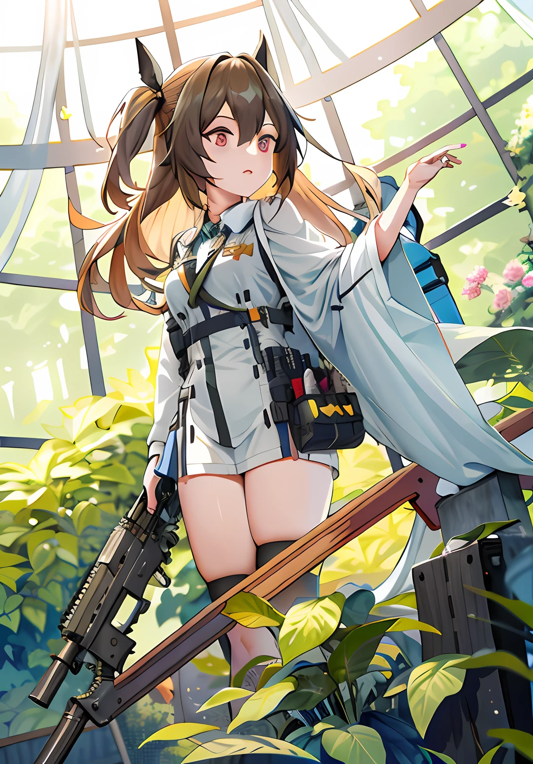 Anime girl with gun and suitcase in front of window, from girls frontline, From Arknights, girls frontline style, Fine details. Girl front, Kawasi, m4 sopmod ii girls frontline, An anime cover, Girls Frontline CG, Kantai collection style, alchemist girl, girls frontline universe, insect trainer girl, forest hunter lady, Girl front