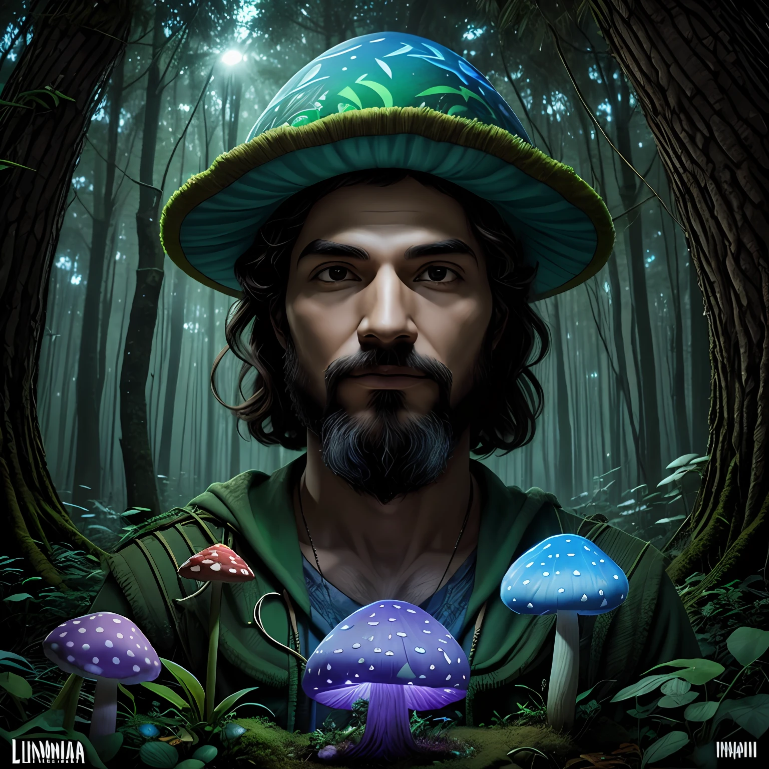 Profeta homem mago da floresta ShroomPunkAI, Bio-luminescence, circunstanciado, intrincado,retrato