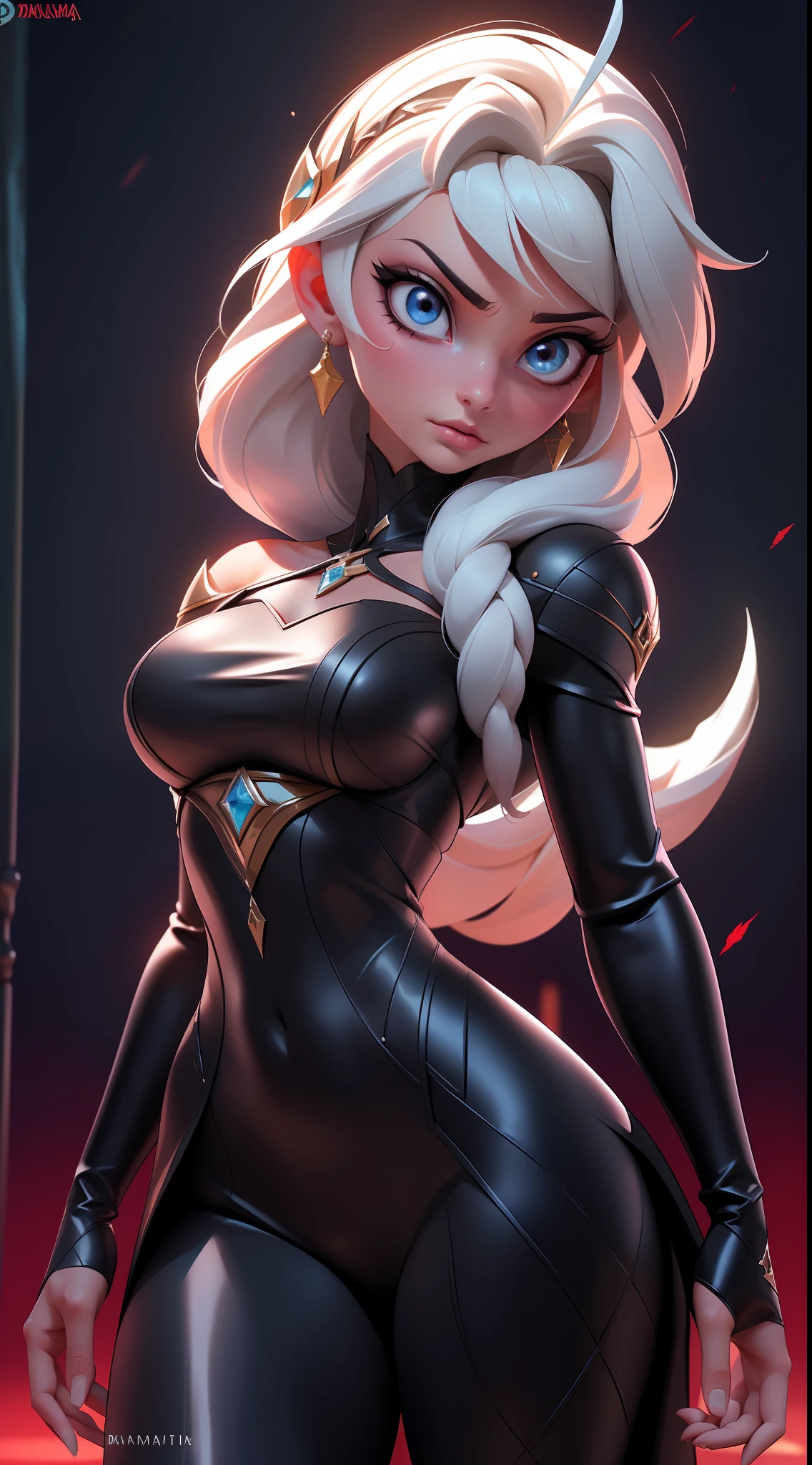 Elsa-Yor Briar Fusion, Mesclando modelos, melting, Roupas da Yor Briar, Bodysuit latex preto + vermelho, Cabelos brancos + vermelhos, serious face, Petalas vermelhas, Particulas de sangue e gelo, Assassina, 1girl, Beautiful, Character, Woman, Female, (master part:1.2), (melhor qualidade:1.2), (Solo:1.2), ((pose de luta)), ((campo de batalha)), cinemactic, olhos perfeitos, pele perfeita, perfect lighting, sorrir, luz, cor, pele texturizada, detalhe, Beleza, maravilha, ultra-detalhado, rosto perfeito