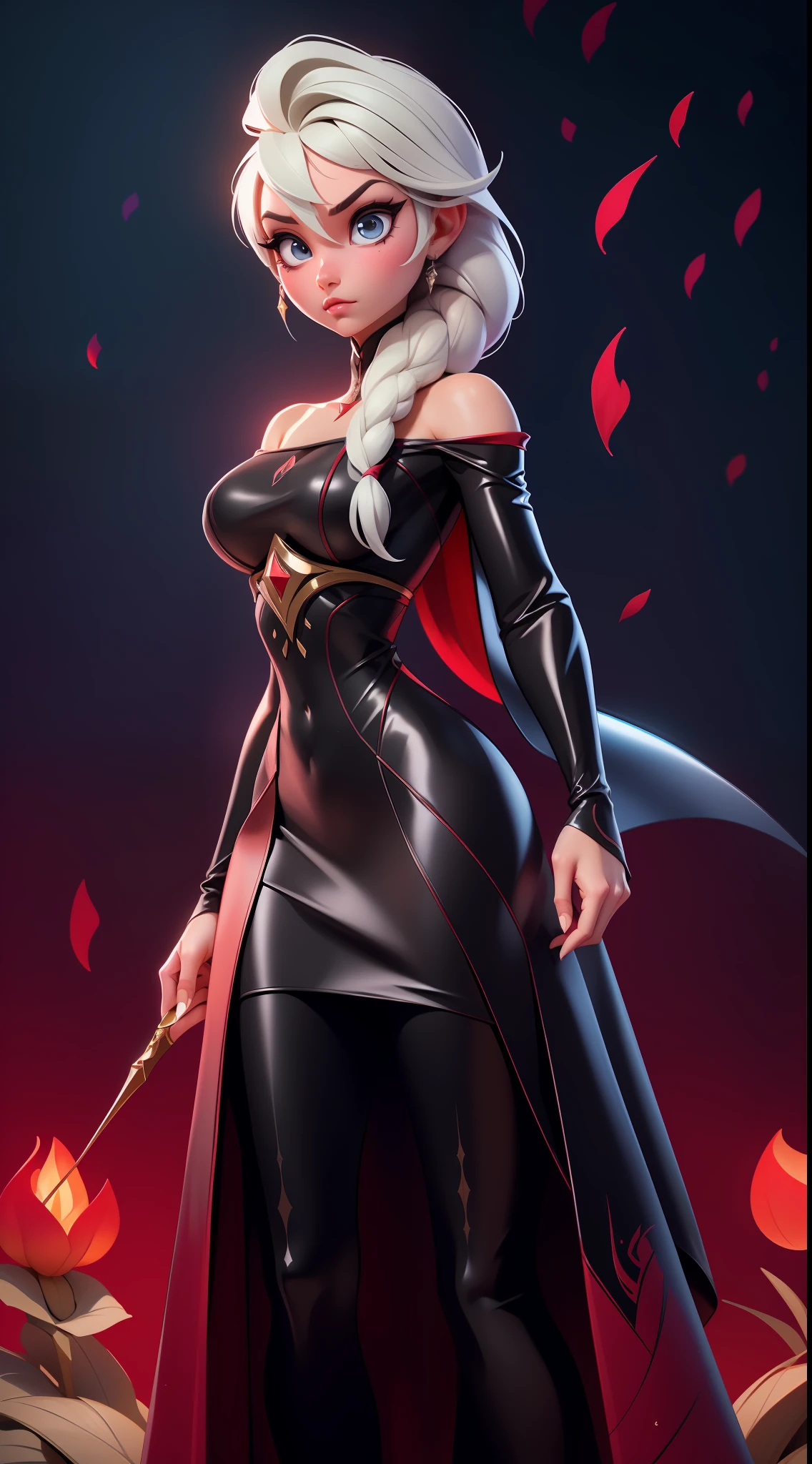 Elsa-Yor Briar Fusion, Mesclando modelos, melting, Roupas da Yor Briar, Bodysuit latex preto + vermelho, Cabelos brancos + vermelhos, serious face, Irritada, Focada, Petalas vermelhas, Particulas de sangue e gelo, Assassina, Assassinato, 1girl, Beautiful, Character, Woman, Female, (master part:1.2), (melhor qualidade:1.2), (Solo:1.2), ((pose de luta)), ((campo de batalha)), cinemactic, olhos perfeitos, pele perfeita, perfect lighting, sorrir, luz, cor, pele texturizada, detalhe, Beleza, maravilha, ultra-detalhado, rosto perfeito