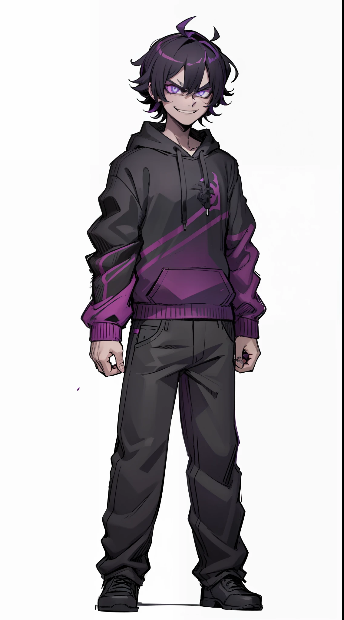 badass, antagonist, multicolored, dark hair, purple hair, pink pupil, 1boy, smug, smile, black purple hoodie, black jean, black shoe