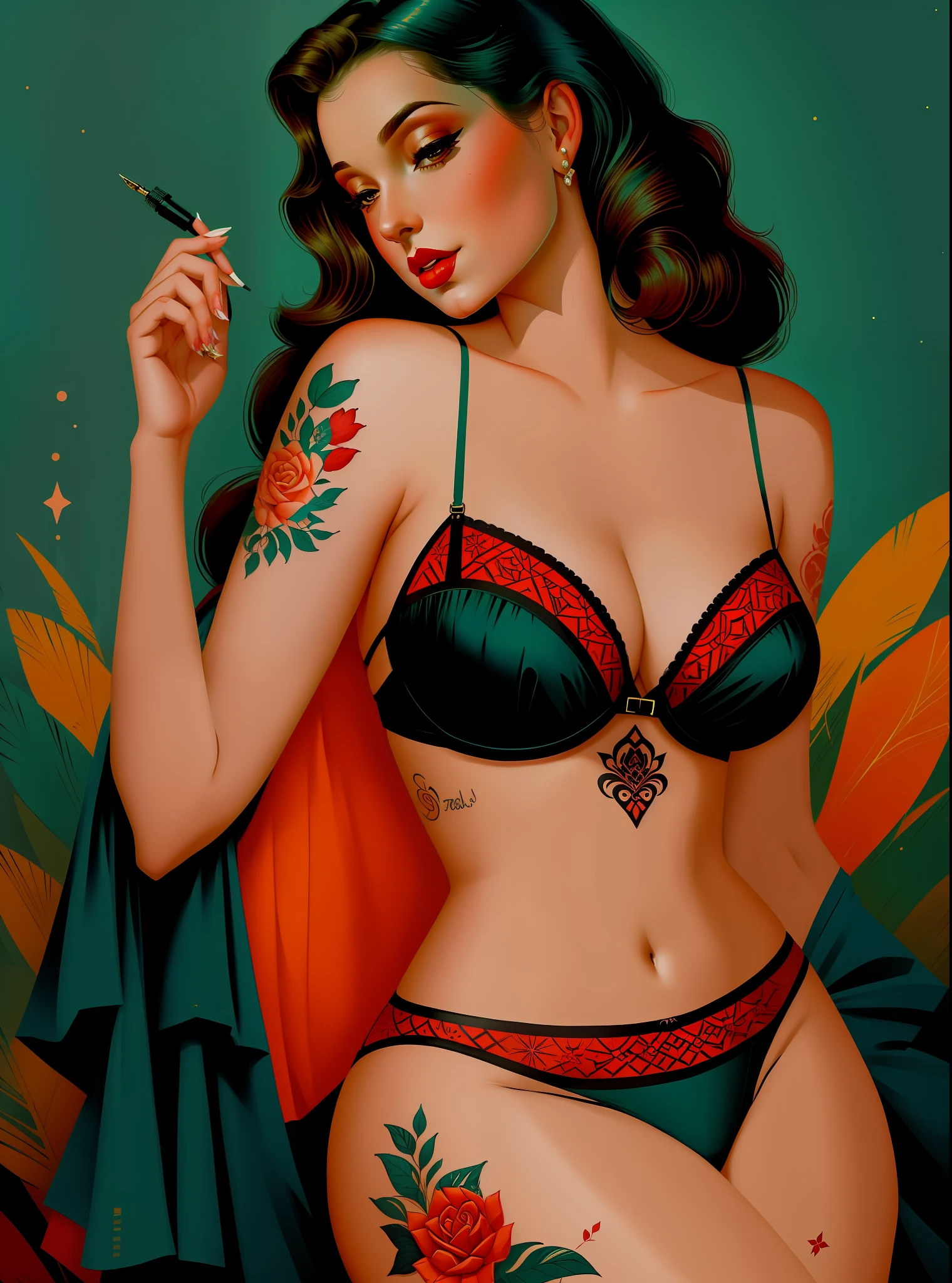 retro,vintage,beautiful and sexy woman with many tattoos and sexy lingerie, old, pinup stile, Best quality, detailed paintings,