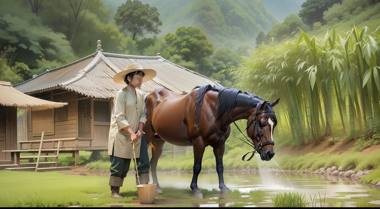 Asian man in a large hat crouching while watering beds of soft soil with green rice seedlings. Next to him grazes a brown horse. In the background a wooden cabin and dense bamboo forest.