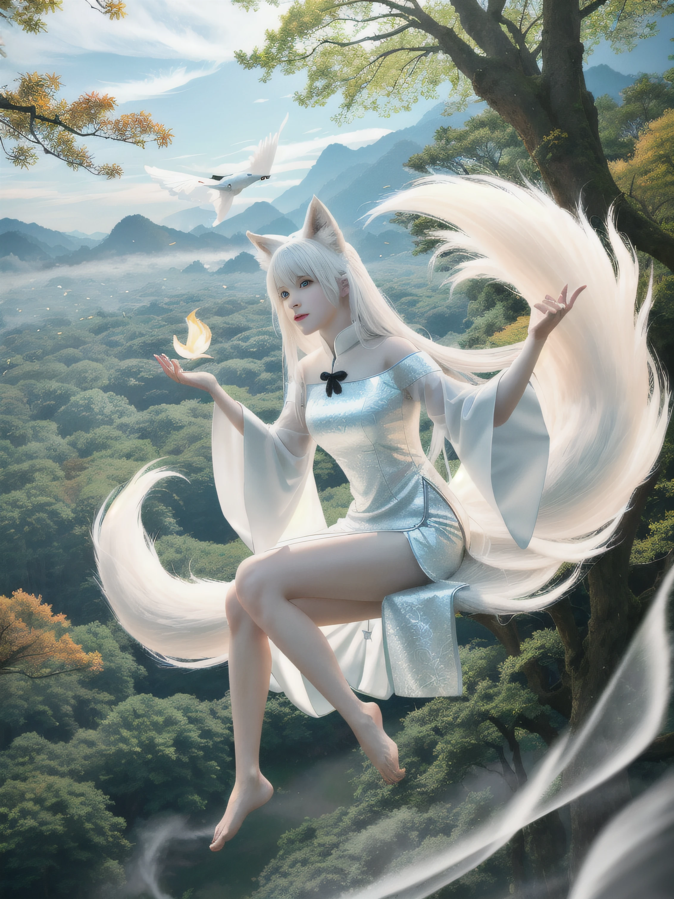 Solo,The white-haired fox-eared girl flew around a large tree in the air,20岁女孩,Slender body,Fly lying flat,Fly like a ghost,Chinese white long dress,In the forest,Dark night,On an autumn evening, Fog is created in the forest,Smoke clouds of monsters,Barefoot,s the perfect face,Delicate face,s the perfect face,8K分辨率,Ultra-clear image quality,tmasterpiece,Detailed face, 135mm, Textured skin, Best quality,sneering,Delicate hands,There is a huge fluffy tail behind him,