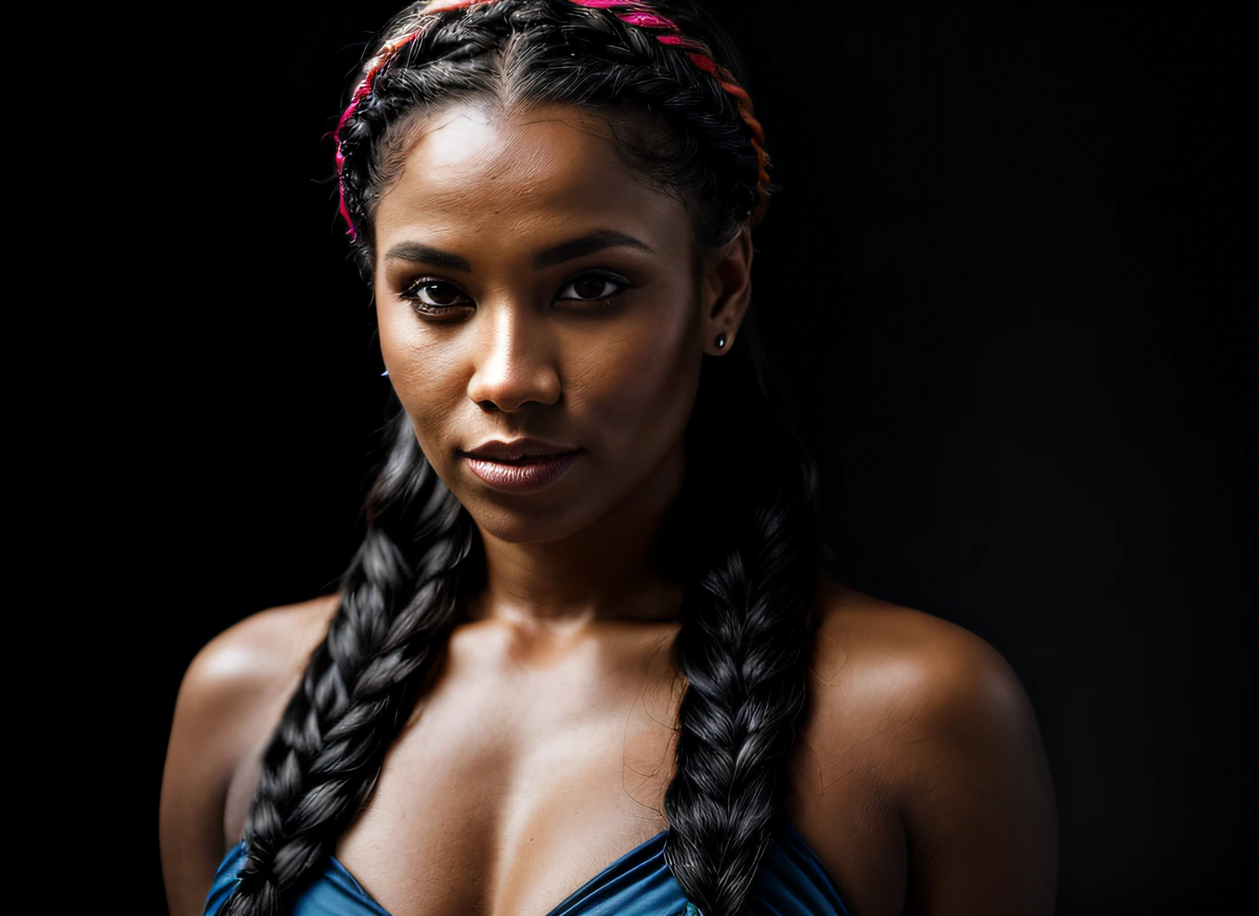 portrait of skswoman, hopeful , wearing beachwear , with black Side braid , background dungeon epic (photo, studio lighting, hard light, sony a7, 50 mm, matte skin, pores, colors, hyperdetailed, hyperrealistic)