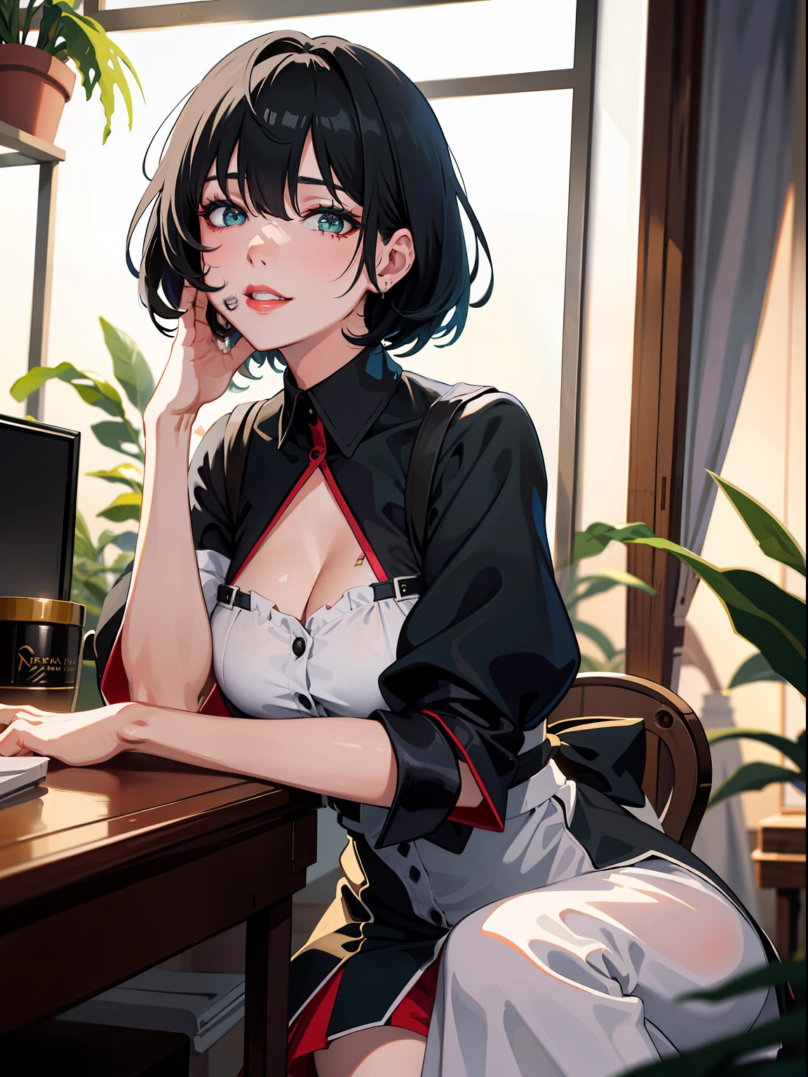 a woman sitting at a counter with a laptop, 20 years old goth girl, maid dress, cruel brazilian goth girl, anime girl in real life, pale goth beauty, she has a short black hair with bangs, full bangs short hair, blue-green eyes, black hair, red lips, sad smile, black hair, red lips, evil, sad smile, Hyperrealism, Realism, Fujicolor, image fill, Fujifilm, Sony FE GM, 135mm, 85mm, 35mm, f/1.2, Hyperrealism, Realism, Fujicolor, image fill, Fujifilm, Sony FE GM, 135mm, 85mm, 35mm, f/1.2, 4K, highres, award winning, high details, super detail, high quality, best quality, 16k, textured skin, masterpiece, UHD, 4K, highres, award winning, high details, super detail, high quality, best quality, 16k, textured skin, masterpiece, UHD