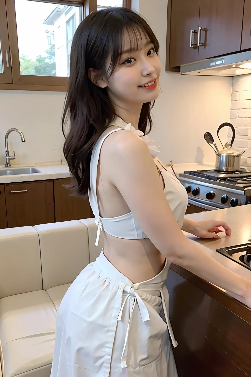 a woman is cooking、(kitchin_Apron:1.Wear 3)、Good Hand、4K、hight resolution、​masterpiece、top-quality、Cap:1.3、((Hasselblad photo))、Fine skin、foco nítido、(lighting like a movie)、Soft lighting、dynamic ungle、[:(详细的脸:1.2):0.2]、Medium chest、sweats streamed skin:1.2、(((In the kitchen))) A smile　Beautiful profile　Colossal tits　Beautiful body　Tying hair　Wide background々and a luxurious living room　Luxurious and luxurious living　Luxurious living room　Beautiful living room　Beautiful living room　A smile　an orange　lemons　A smile　Laughing　banana in　pineapple　Luxurious room　beautiful  lighting　Beautiful lighting　Very large room　very high image quality　very high res　8k Photos　Viewer's Perspective　Very gorgeous kitchen　Luxury Kitchen　　Millionaire Kitchen　Great kitchen　Luxury Kitchen　Luxury Illuminator　very wide々and kitchen　neat and beautiful　Classy and cute　Change hairstyle