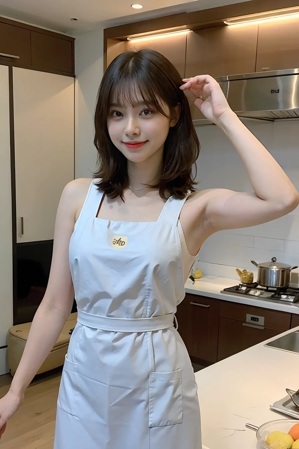 a woman is cooking、(kitchin_Apron:1.Wear 3)、Good Hand、4K、hight resolution、​masterpiece、top-quality、Cap:1.3、((Hasselblad photo))、Fine skin、foco nítido、(lighting like a movie)、Soft lighting、dynamic ungle、[:(详细的脸:1.2):0.2]、Medium chest、sweats streamed skin:1.2、(((In the kitchen))) A smile　Beautiful profile　Colossal tits　Beautiful body　Tying hair　Wide background々and a luxurious living room　Luxurious and luxurious living　Luxurious living room　Beautiful living room　Beautiful living room　A smile　an orange　lemons　A smile　Laughing　banana in　pineapple　Luxurious room　beautiful  lighting　Beautiful lighting　Very large room　very high image quality　very high res　8k Photos　Viewer's Perspective　Very gorgeous kitchen　Luxury Kitchen　　Millionaire Kitchen　Great kitchen　Luxury Kitchen　Luxury Illuminator　very wide々and kitchen　neat and beautiful　Classy and cute　Change hairstyle