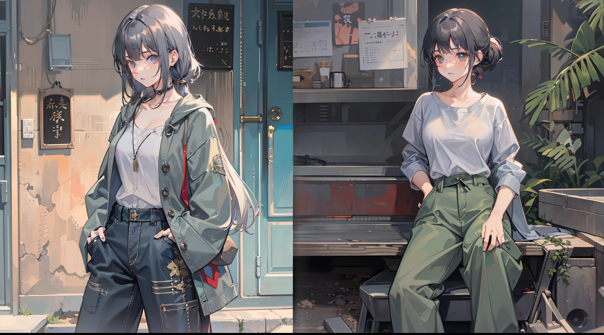 Woman sitting on chair in black top and jeans, Baggy pants, dressed with long fluent clothes, wearing a long flowy fabric, casual clothing style、 wearing a baggy, multilayered outfit, Silver and muted colors, Relaxed style, grey Clothes, Pants, baggy, Gray skin. grunge, Styling、Ruins、Buildings eroded by vegetation,hi-school girl、military outfits, guweiz and makoto shinkai, realistic anime 3 d style, Kyoto Animation Style