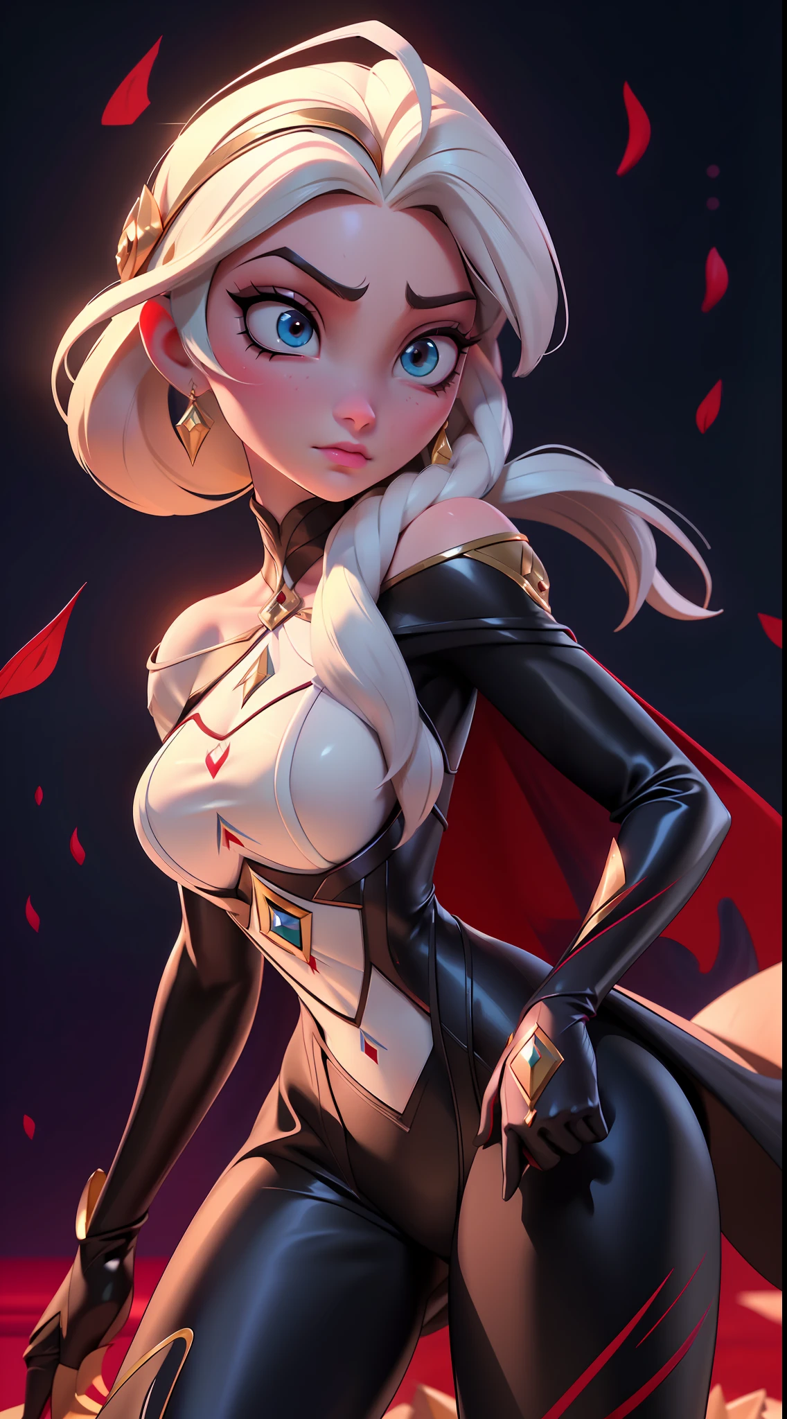 Elsa-Yor Briar Fusion, Mesclando modelos, melting, Roupas da Yor Briar, Bodysuit latex preto + vermelho, Cabelos brancos + vermelhos, serious face, Irritada, Focada, Petalas vermelhas, Particulas de sangue e gelo, Assassina, Assassinato, 1girl, Beautiful, Character, Woman, Female, (master part:1.2), (melhor qualidade:1.2), (Solo:1.2), ((pose de luta)), ((campo de batalha)), cinemactic, olhos perfeitos, pele perfeita, perfect lighting, sorrir, luz, cor, pele texturizada, detalhe, Beleza, maravilha, ultra-detalhado, rosto perfeito