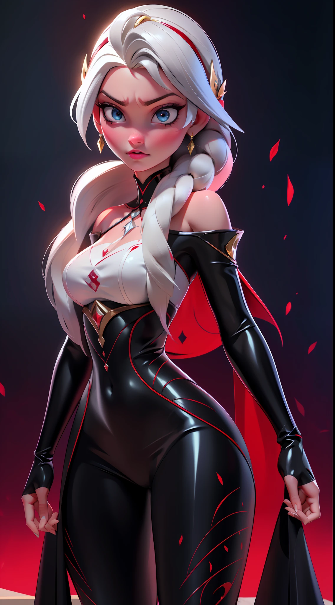 Elsa-Yor Briar Fusion, Mesclando modelos, melting, Roupas da Yor Briar, Bodysuit latex preto + vermelho, Cabelos brancos + vermelhos, serious face, Irritada, Focada, Petalas vermelhas, Particulas de sangue e gelo, assina, Assinato, 1girl, Beautiful, Character, Woman, Female, (master part:1.2), (melhor qualidade:1.2), (Solo:1.2), ((pose de luta)), ((campo de batalha)), cinemactic, olhos perfeitos, pele perfeita, perfect lighting, sorrir, luz, cor, pele texturizada, detalhe, Beleza, maravilha, ultra-detalhado, rosto perfeito