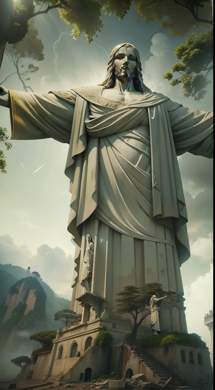 Christ the Redeemer with open arms in Rio de Janeiro, Post apocalyptic scenario with nature dominating everything , com atmosfera de filme , ultra realista