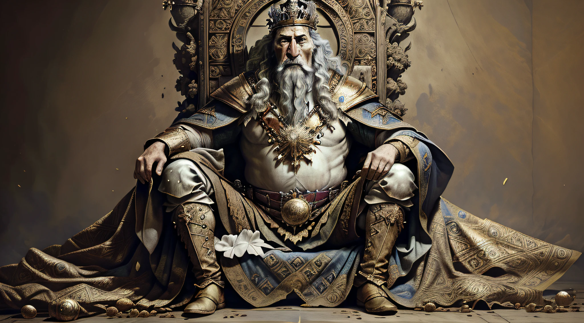 arafed man sitting on a throne with a crown on top of it, medieval old king, king of capitalism, great king of stovokor, 4k art, artstation 4k, portrait of a medieval old king, portrait of medieval old king, official artwork, the white king, 4k post, 4 k post, sat in his throne