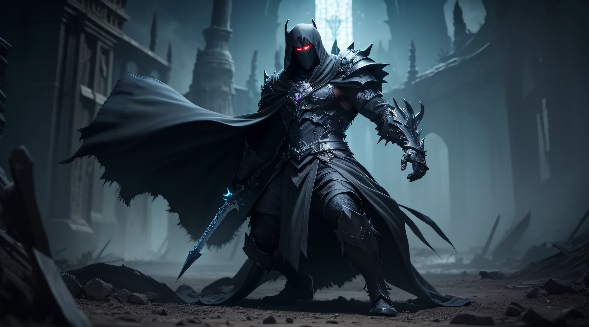 In a dark kingdom, the fearsome boss known as "The Shadow Lord" emerges. Veiled in black mist, their true form remains elusive. Sinister, glowing eyes radiate dark power. Clad in ancient, runed armor, they are an immortal, ruthless being. Agile and slender, they move with incredible speed, wielding a black sword pulsating with dark energy. Creatures of darkness stand by, ready to defend. The battleground is a ravaged field, debris bearing witness to past battles. Ominous music sets the tone, adding tension. The battle against the "Shadow Lord" tests courage, skill, strategy, and reflexes. Victory is rare, but those who conquer are revered., Gothic art, high detail, blind box toy style, cinematic lighting, speed lines, 360 view, lens flare, fisheye, 8k, best quality, award winning, high details, anatomically correct, masterpiece, UHD