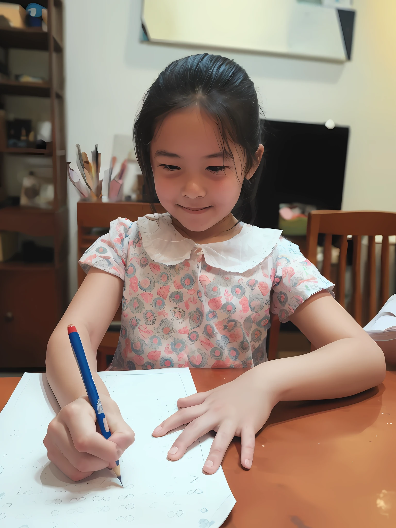 There's a young woman sitting at a desk writing on a piece of paper, Child drawing, desenho infantil, escrever uma carta, cabrito, an artistic pose, young asian girl, Drawing pictures in a notebook, hand-drawn, hand - drawn, kids drawing, desenho infantil, estudante, Drawing for children, on medium grade paper, garotada, cuidadosamente desenhado