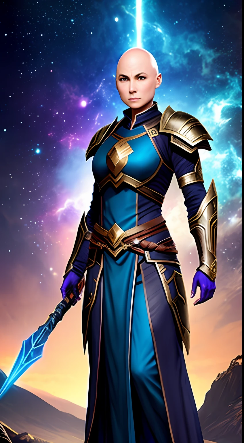 1Woman, 独奏, colored blue skin, ((Bald)), "Nebula, daughter of Thanos", black mantle, Battle Mage Armor, full length, dark magic, Middle Ages, The elder scrolls game