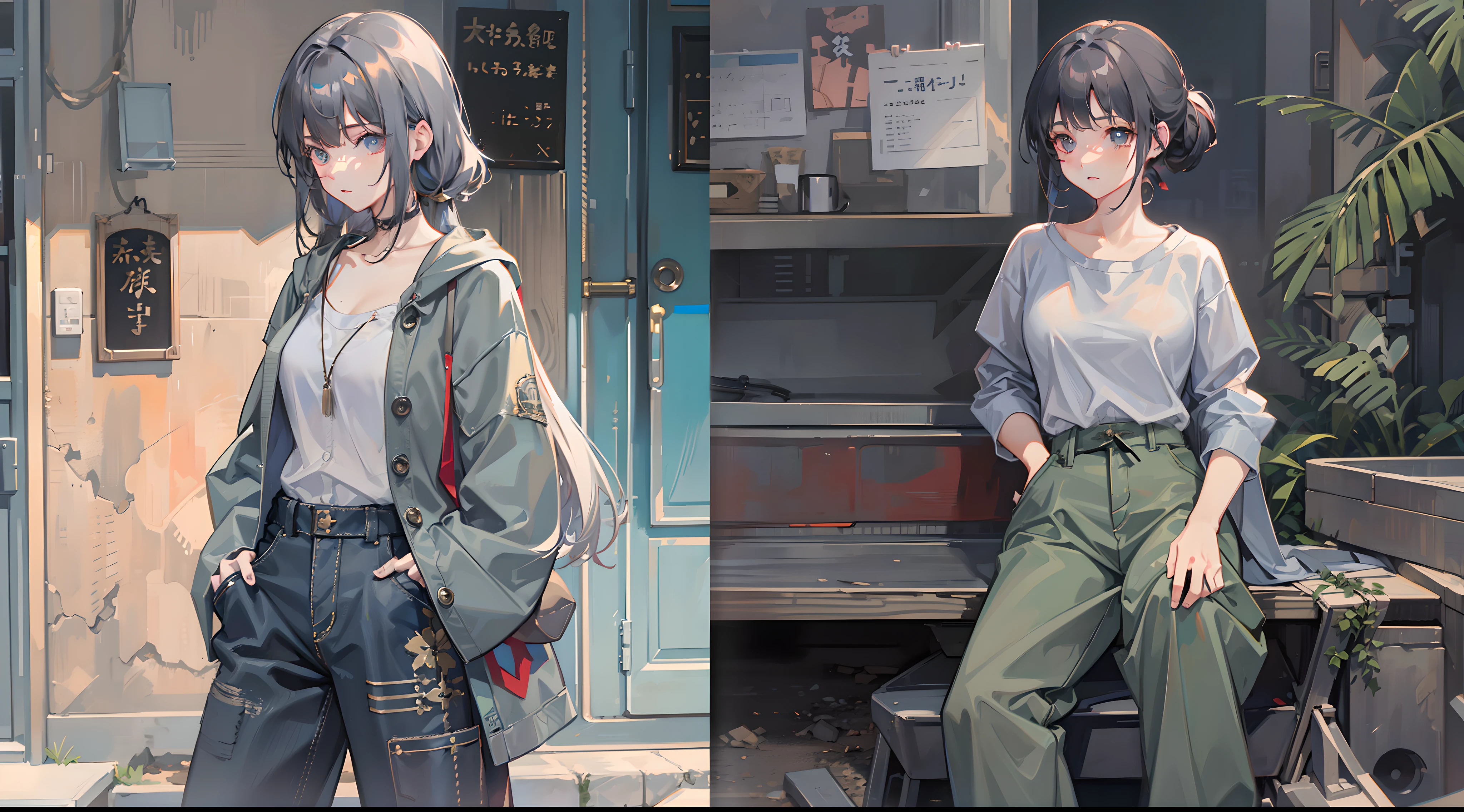 Woman sitting on chair in black top and jeans, Baggy pants, dressed with long fluent clothes, wearing a long flowy fabric, casual clothing style、 wearing a baggy, multilayered outfit, Silver and muted colors, Relaxed style, grey Clothes, Pants, baggy, Gray skin. grunge, Styling、Ruins、Buildings eroded by vegetation,hi-school girl、military outfits, guweiz and makoto shinkai, realistic anime 3 d style, Kyoto Animation Style